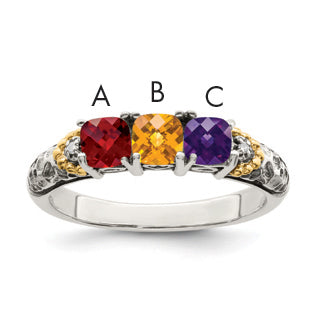 Sterling Silver Antiqued w/14k 3-stone w/Diamond Mother's Ring