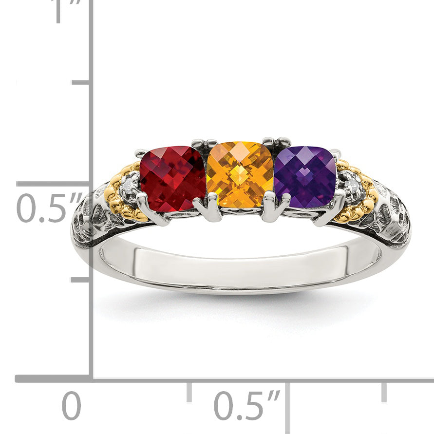 Sterling Silver Antiqued w/14k 3-stone w/Diamond Mother's Ring