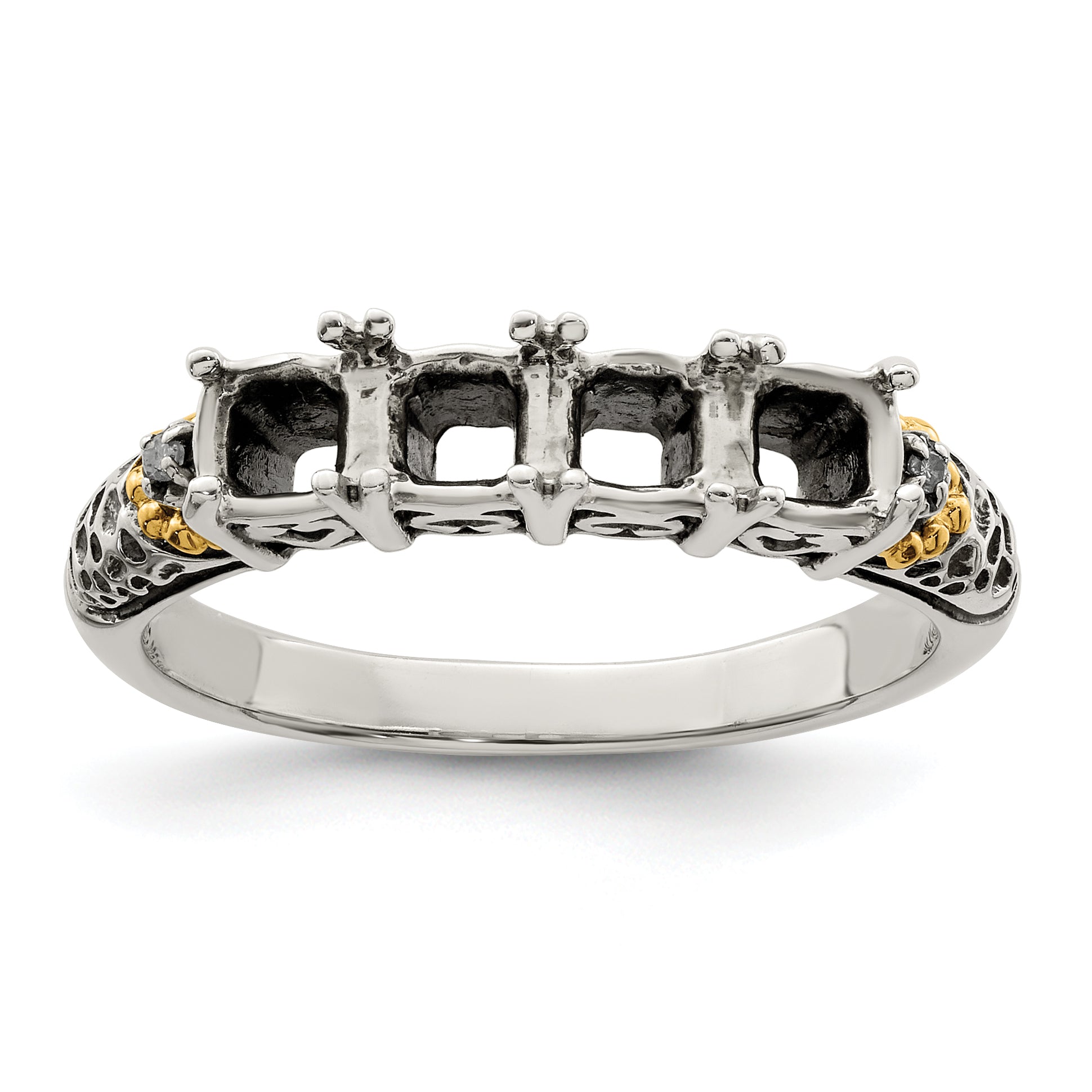 Sterling Silver Antiqued w/14k 4-stone w/Diamond Mother's Ring