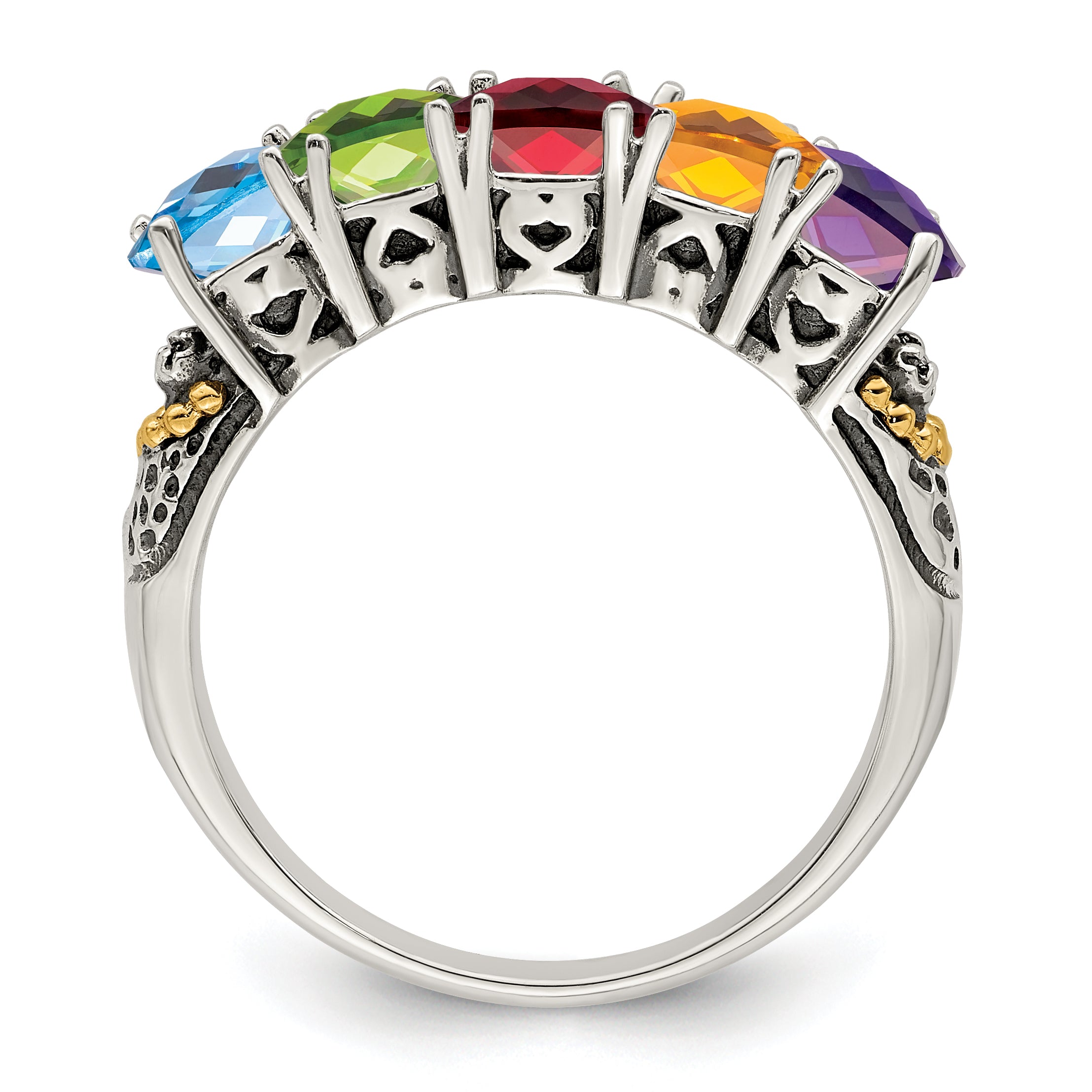 Sterling Silver Antiqued w/14k 5-stone w/Diamond Mother's Ring