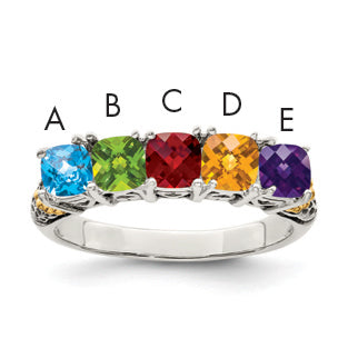 Sterling Silver Antiqued w/14k 5-stone w/Diamond Mother's Ring