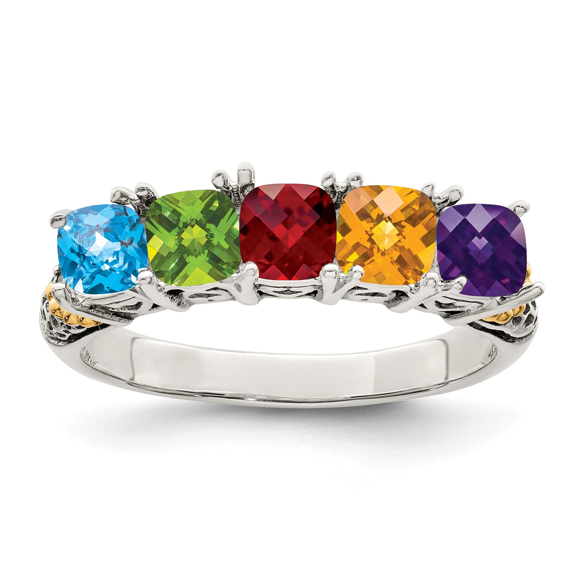 Sterling Silver Antiqued w/14k 5-stone w/Diamond Mother's Ring