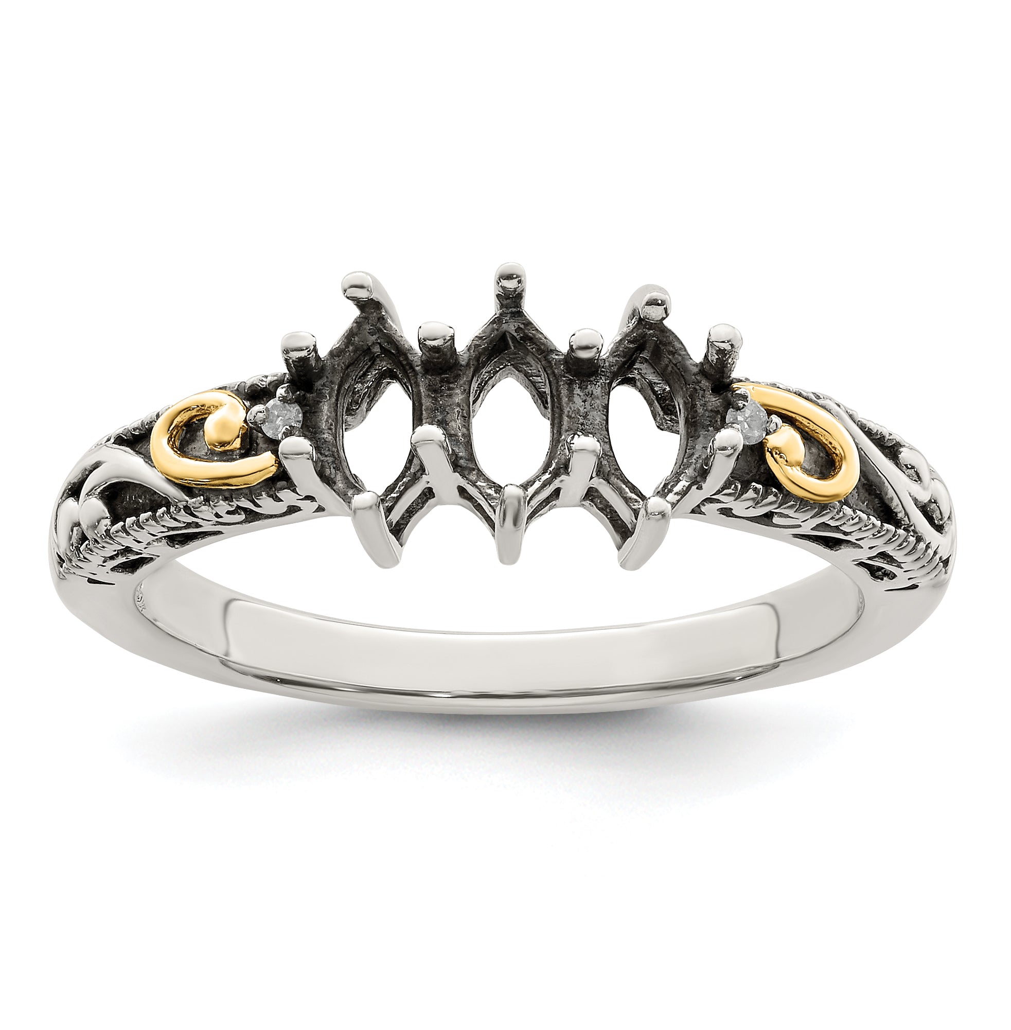 Sterling Silver Antiqued w/14k 3-stone w/Diamond Mother's Ring Semi-Mount