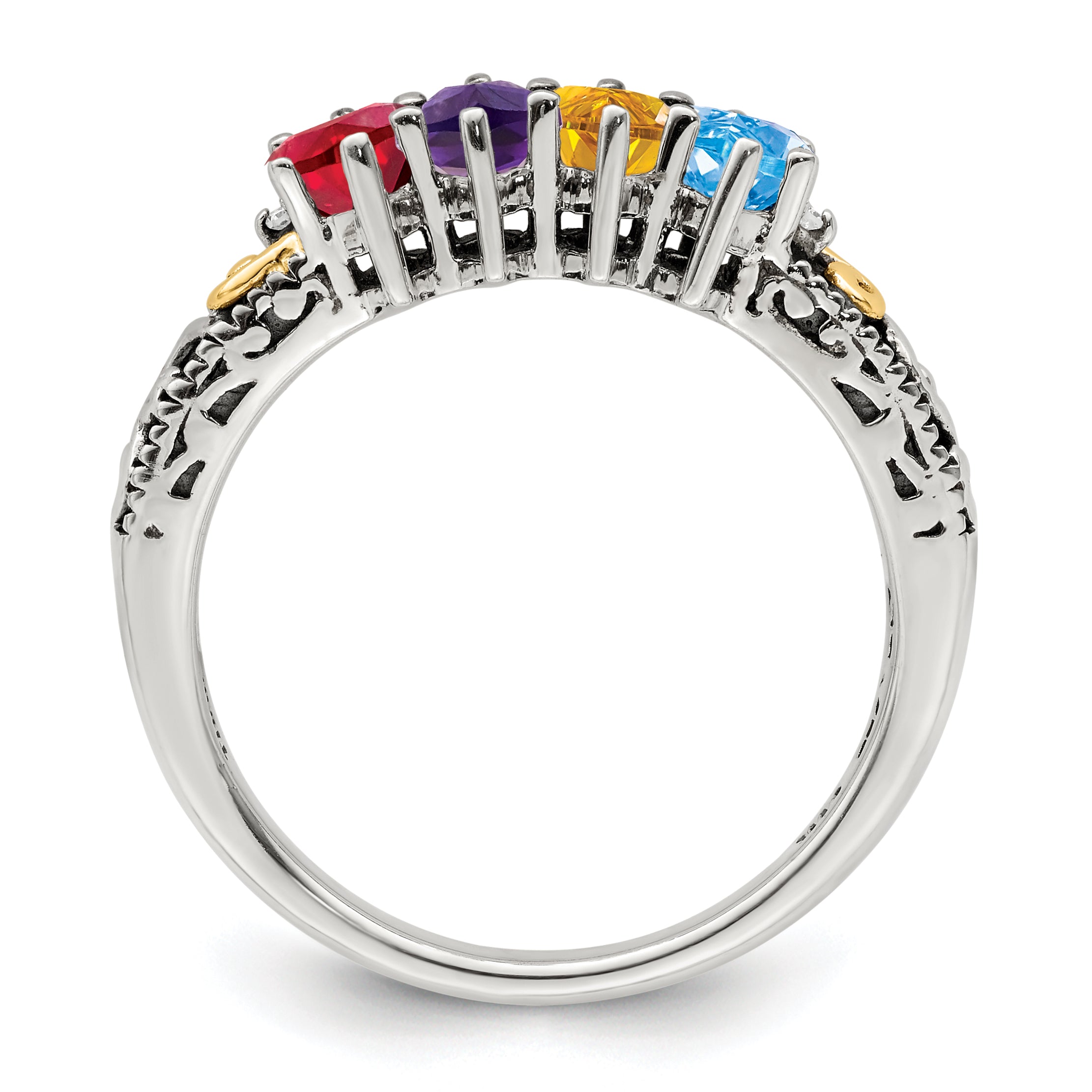 Sterling Silver Antiqued w/14k 4-stone w/Diamond Mother's Ring