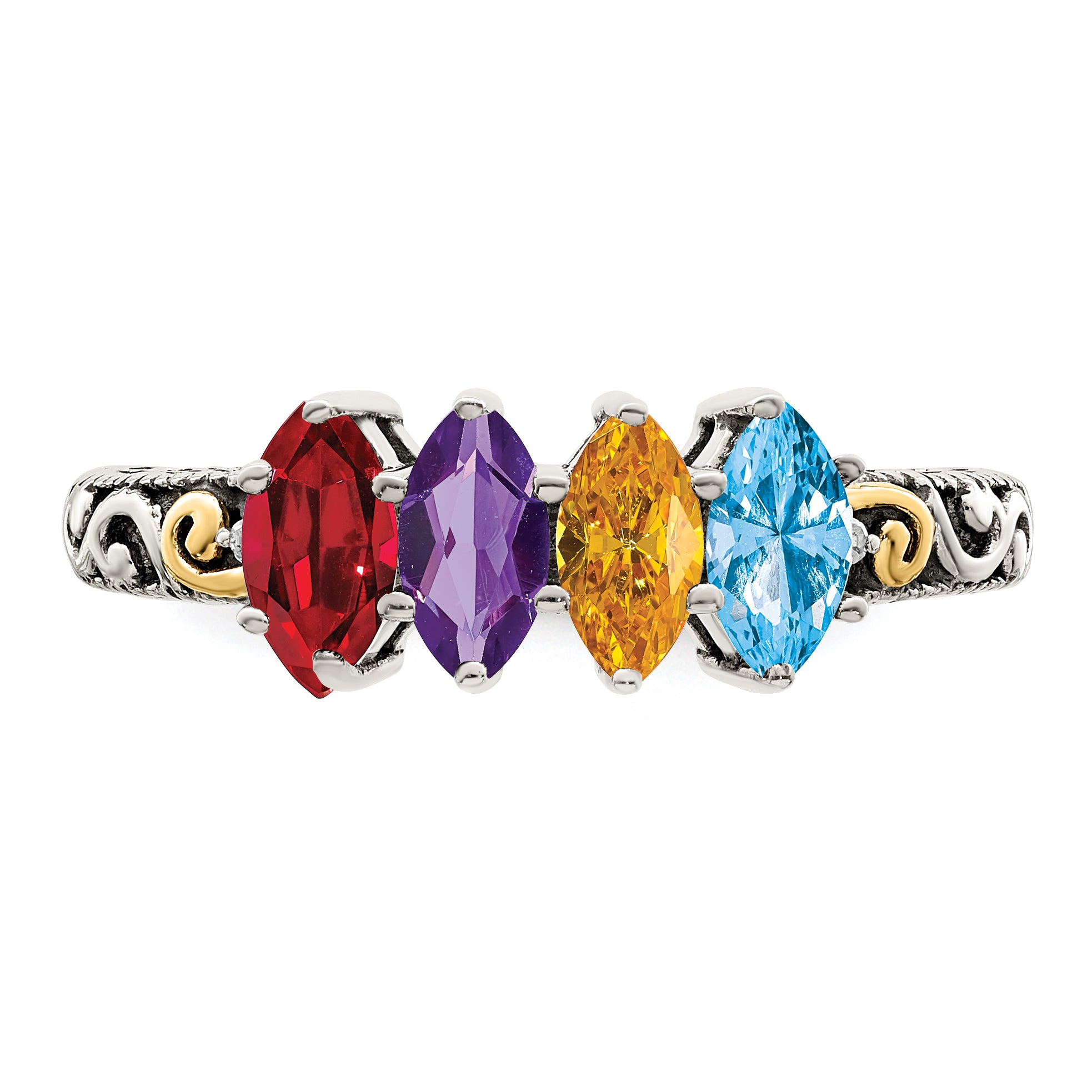 Sterling Silver Antiqued w/14k 4-stone w/Diamond Mother's Ring Semi-Mount