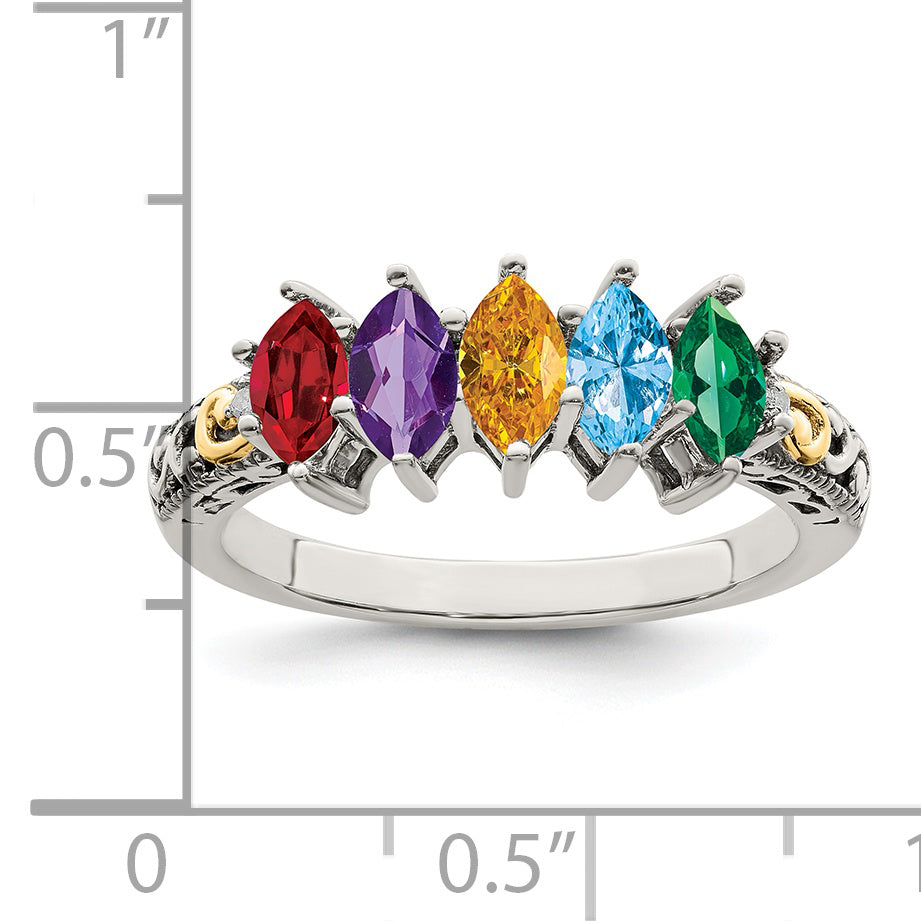 Sterling Silver Antiqued w/14k 5-stone w/Diamond Mother's Ring Semi-Mount