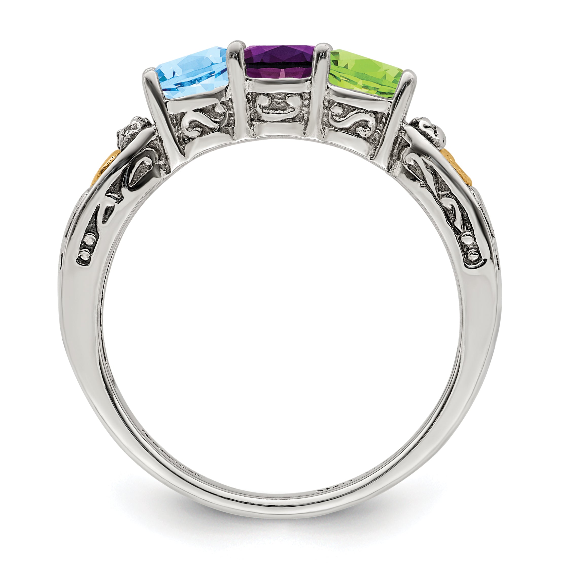 Sterling Silver Antiqued w/14k 3-stone w/Diamond Mother's Ring