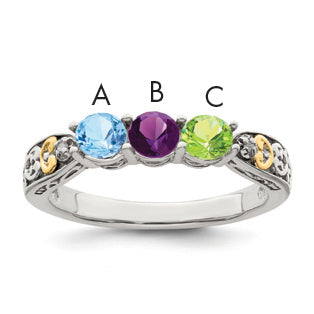 Sterling Silver Antiqued w/14k 3-stone w/Diamond Mother's Ring