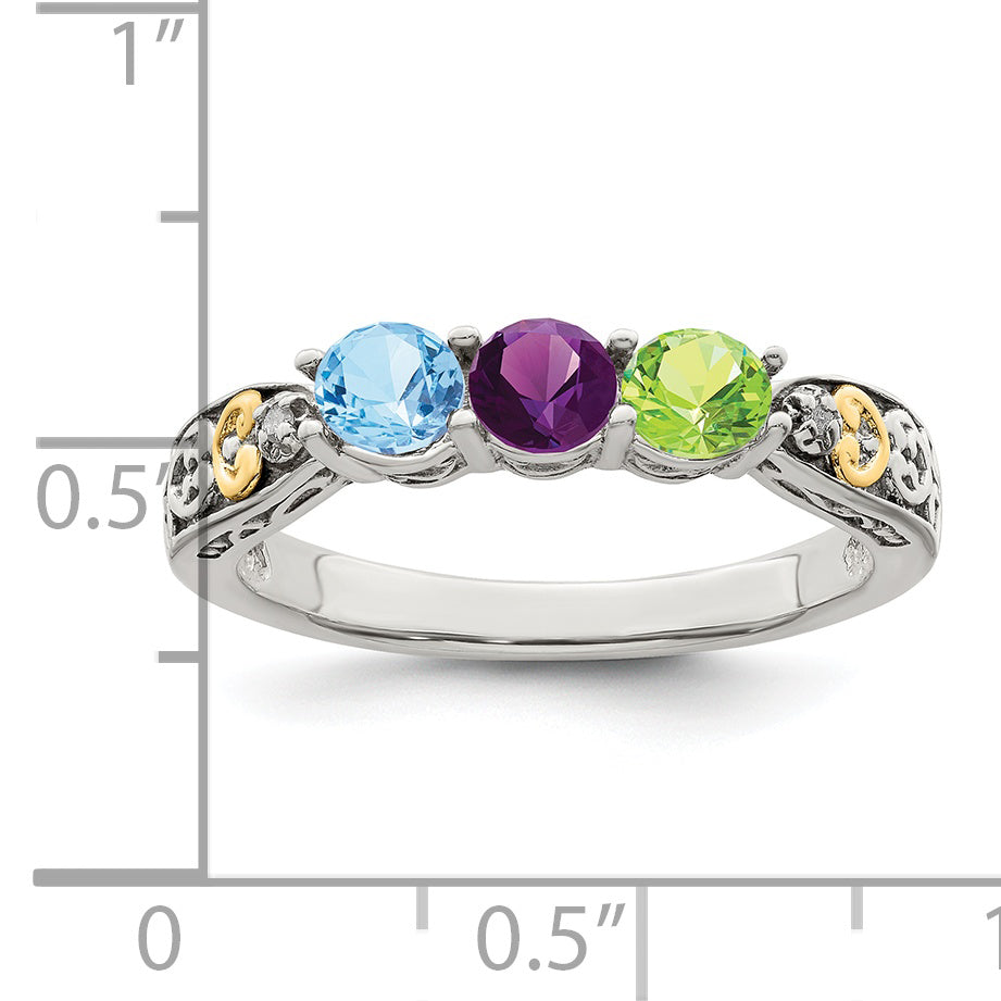 Sterling Silver Antiqued w/14k 3-stone w/Diamond Mother's Ring Semi-Mount