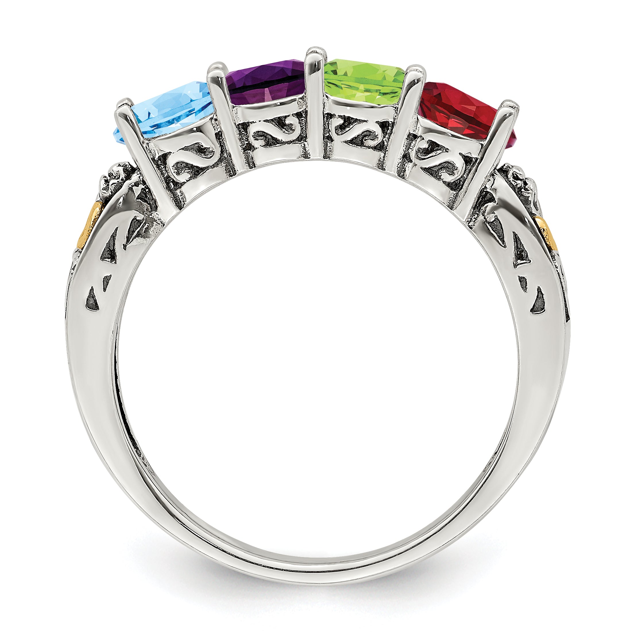 Sterling Silver Antiqued w/14k 4-stone w/Diamond Mother's Ring Semi-Mount