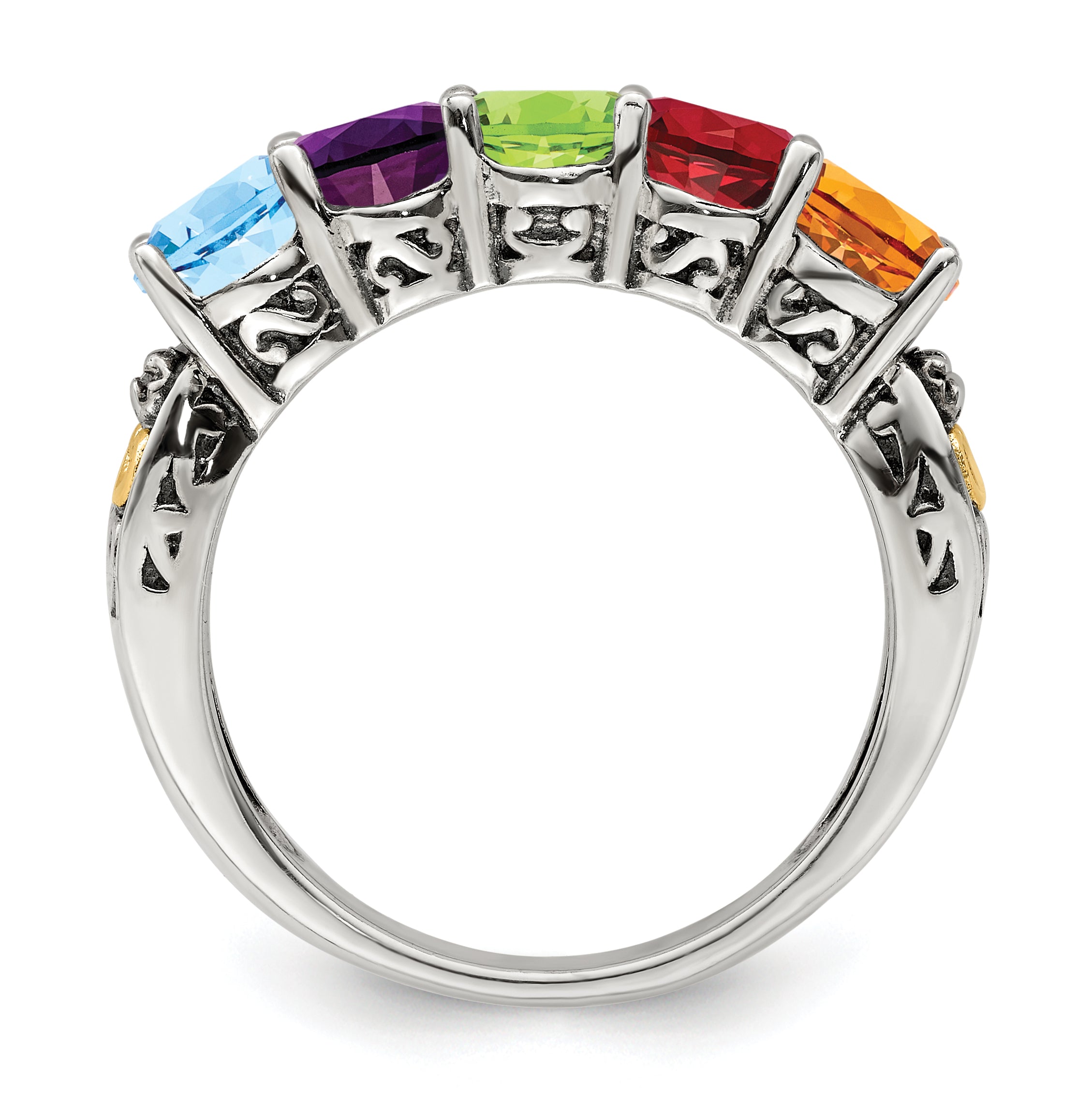 Sterling Silver Antiqued w/14k 5-stone w/Diamond Mother's Ring