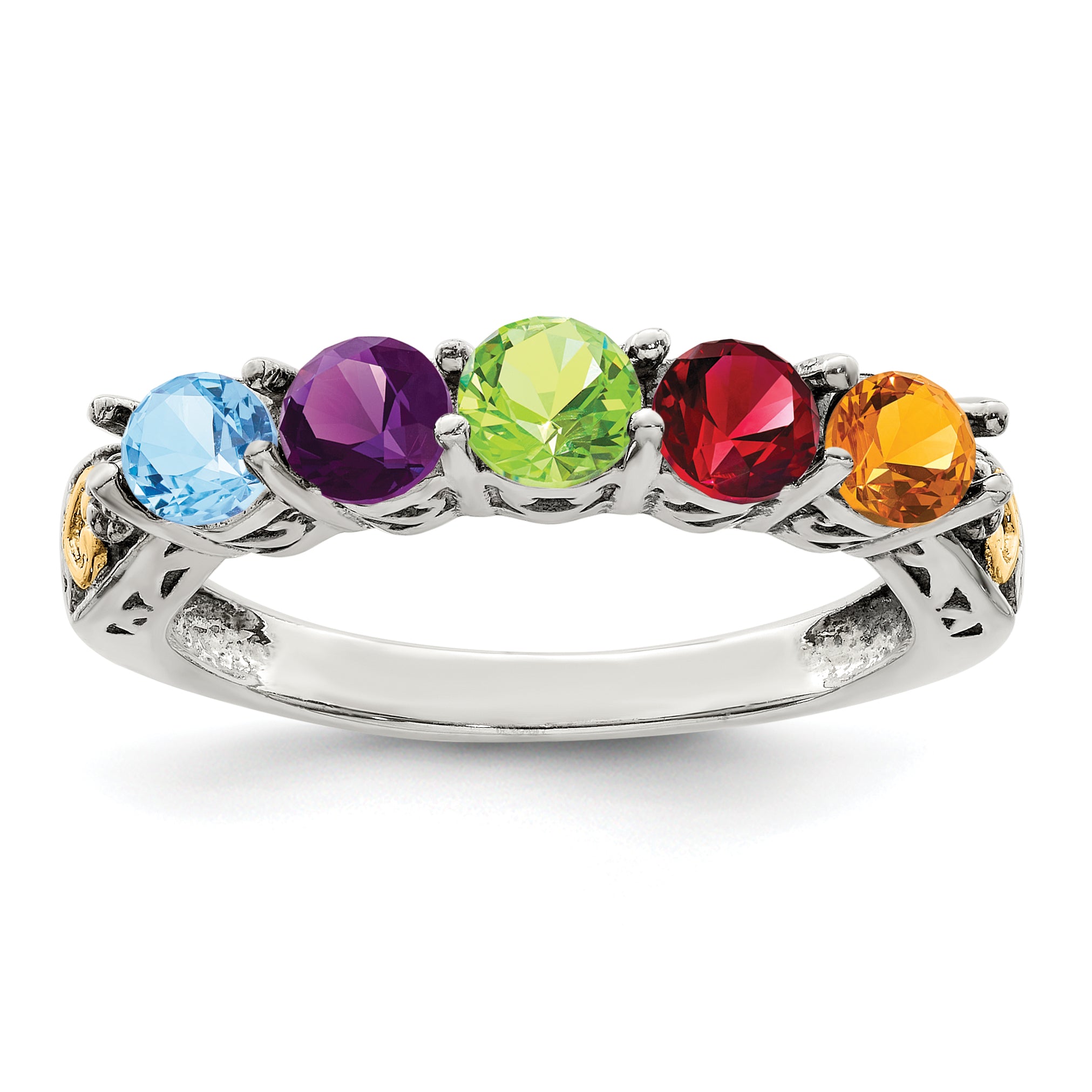 Sterling Silver Antiqued w/14k 5-stone w/Diamond Mother's Ring Semi-Mount