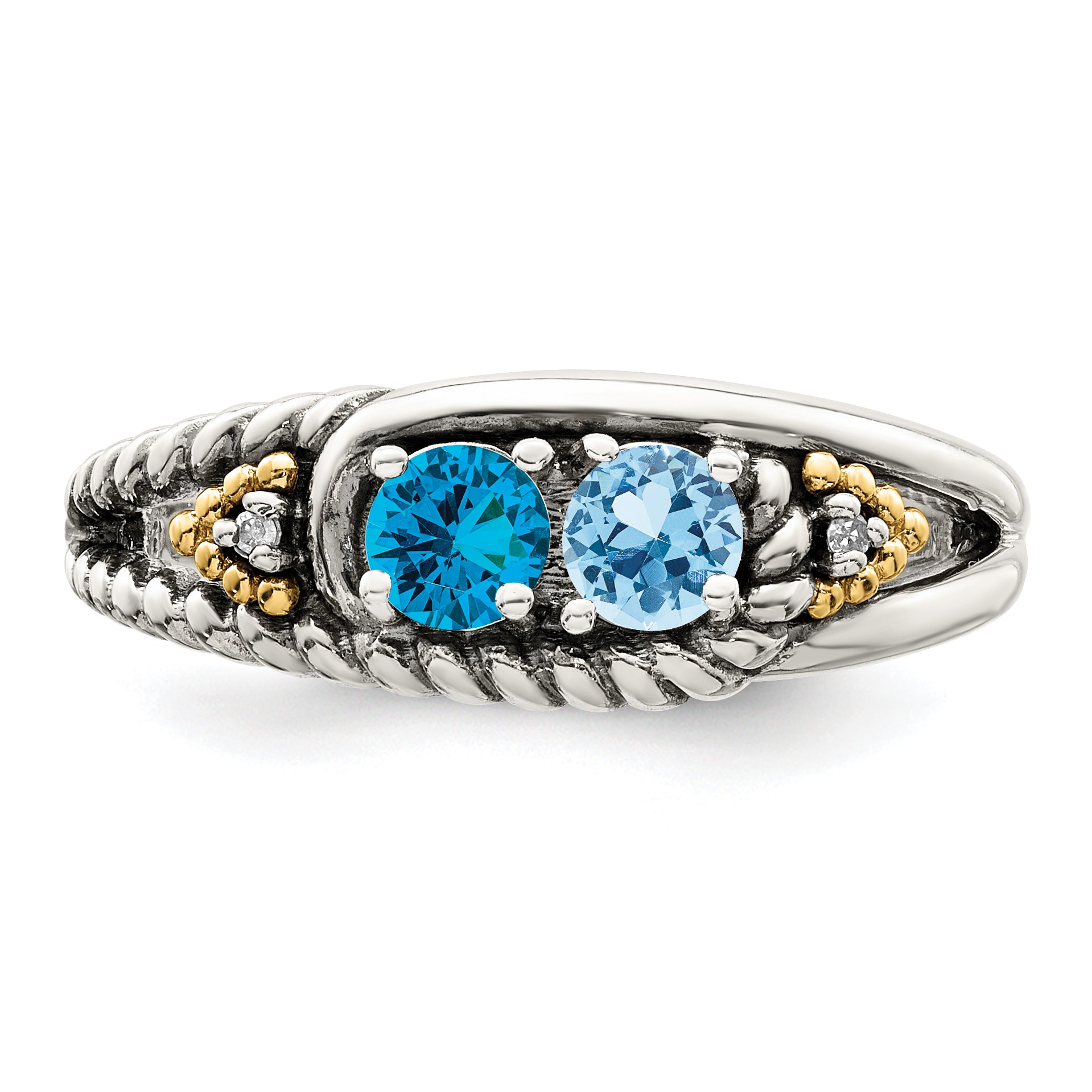 Sterling Silver Antiqued w/14k 2-stone w/Diamond Mother's Ring
