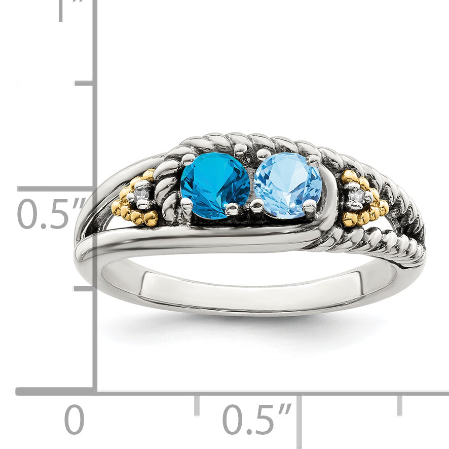 Sterling Silver Antiqued w/14k 2-stone w/Diamond Mother's Ring Semi-Mount