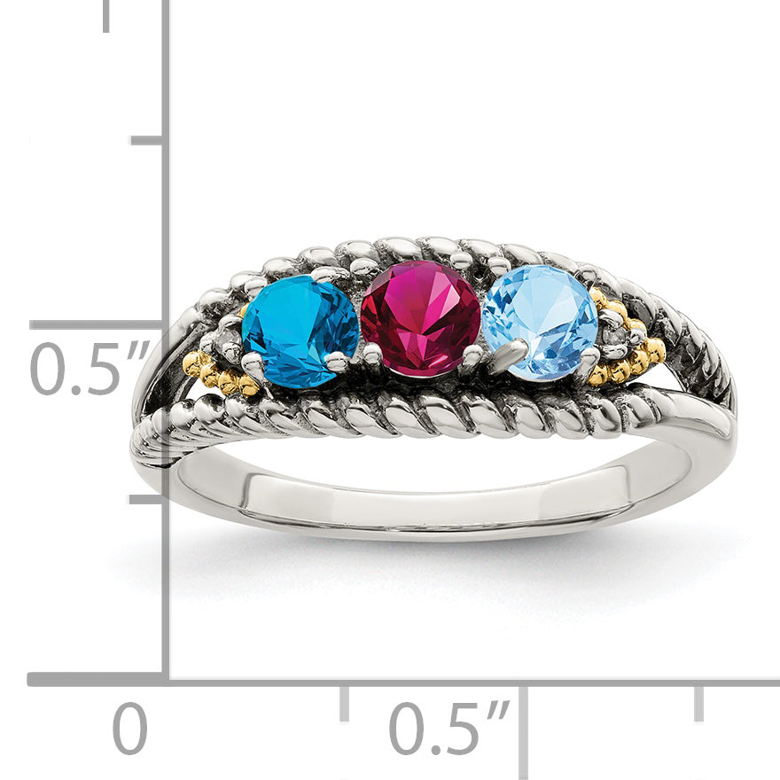 Sterling Silver Antiqued w/14k 3-stone w/Diamond Mother's Ring Semi-Mount