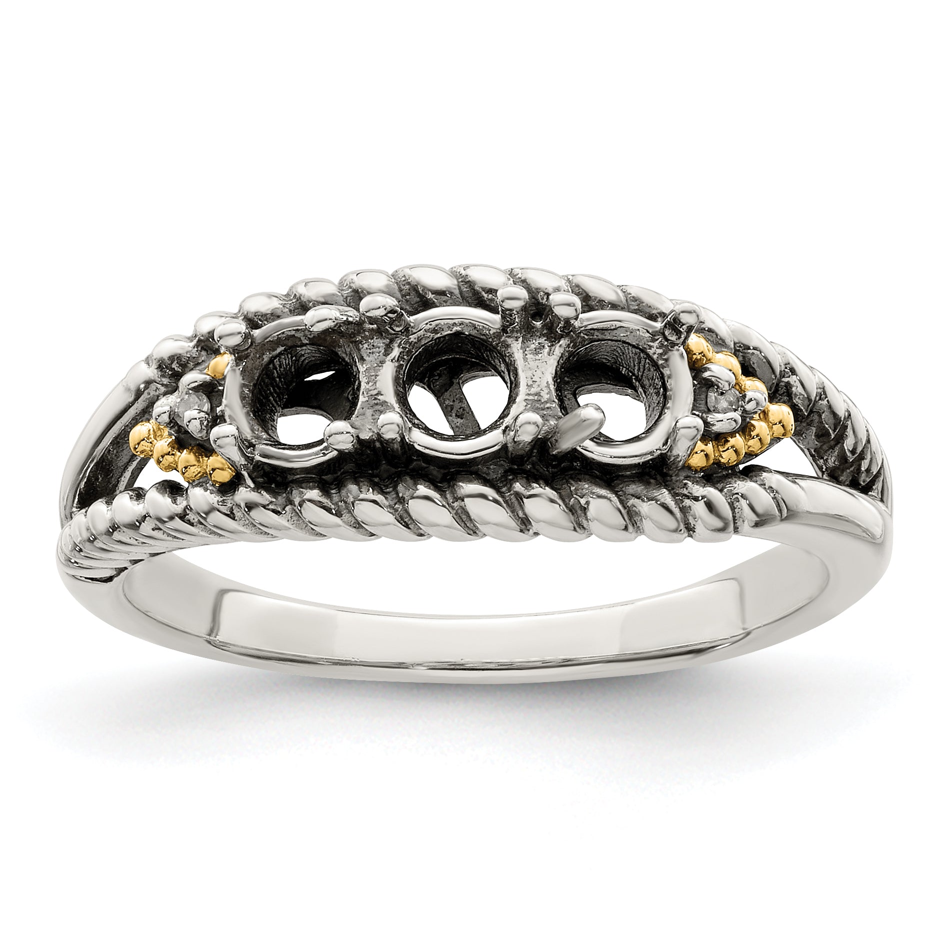 Sterling Silver Antiqued w/14k 3-stone w/Diamond Mother's Ring Semi-Mount