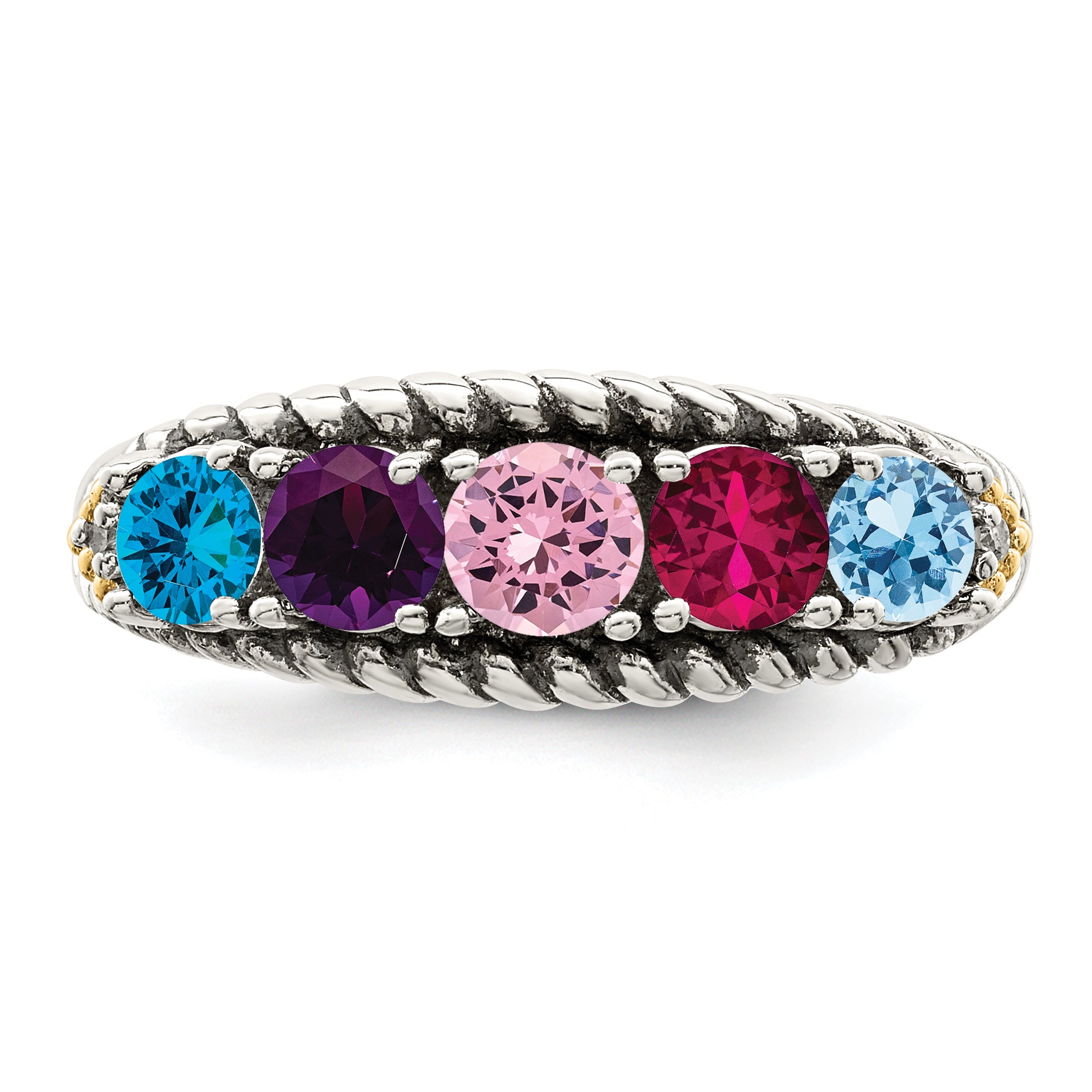 Sterling Silver Antiqued w/14k 5-stone w/Diamond Mother's Ring