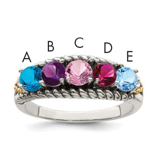 Sterling Silver Antiqued w/14k 5-stone w/Diamond Mother's Ring Semi-Mount