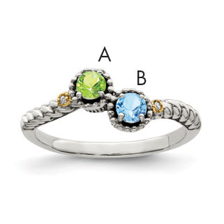 Sterling Silver Antiqued w/14k 2-stone w/Diamond Mother's Ring