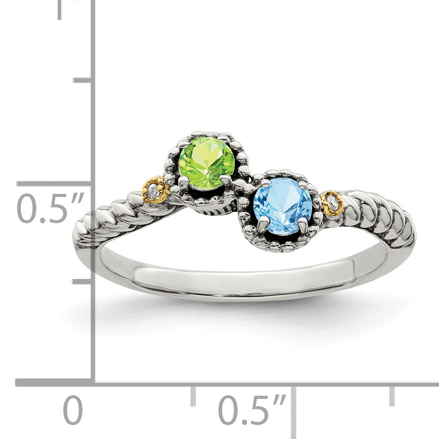 Sterling Silver Antiqued w/14k 2-stone w/Diamond Mother's Ring Semi-Mount