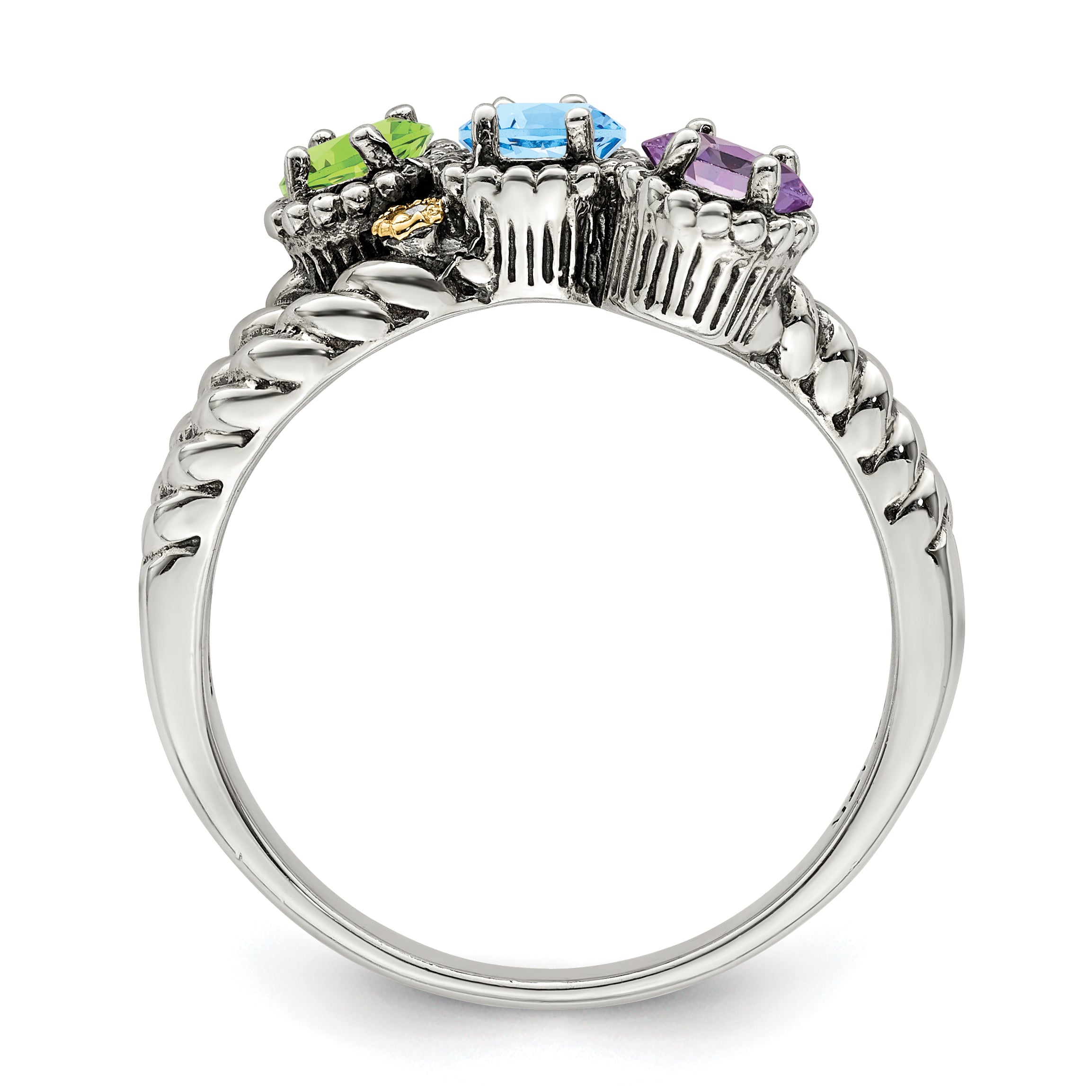 Sterling Silver Antiqued w/14k 3-stone w/Diamond Mother's Ring Semi-Mount