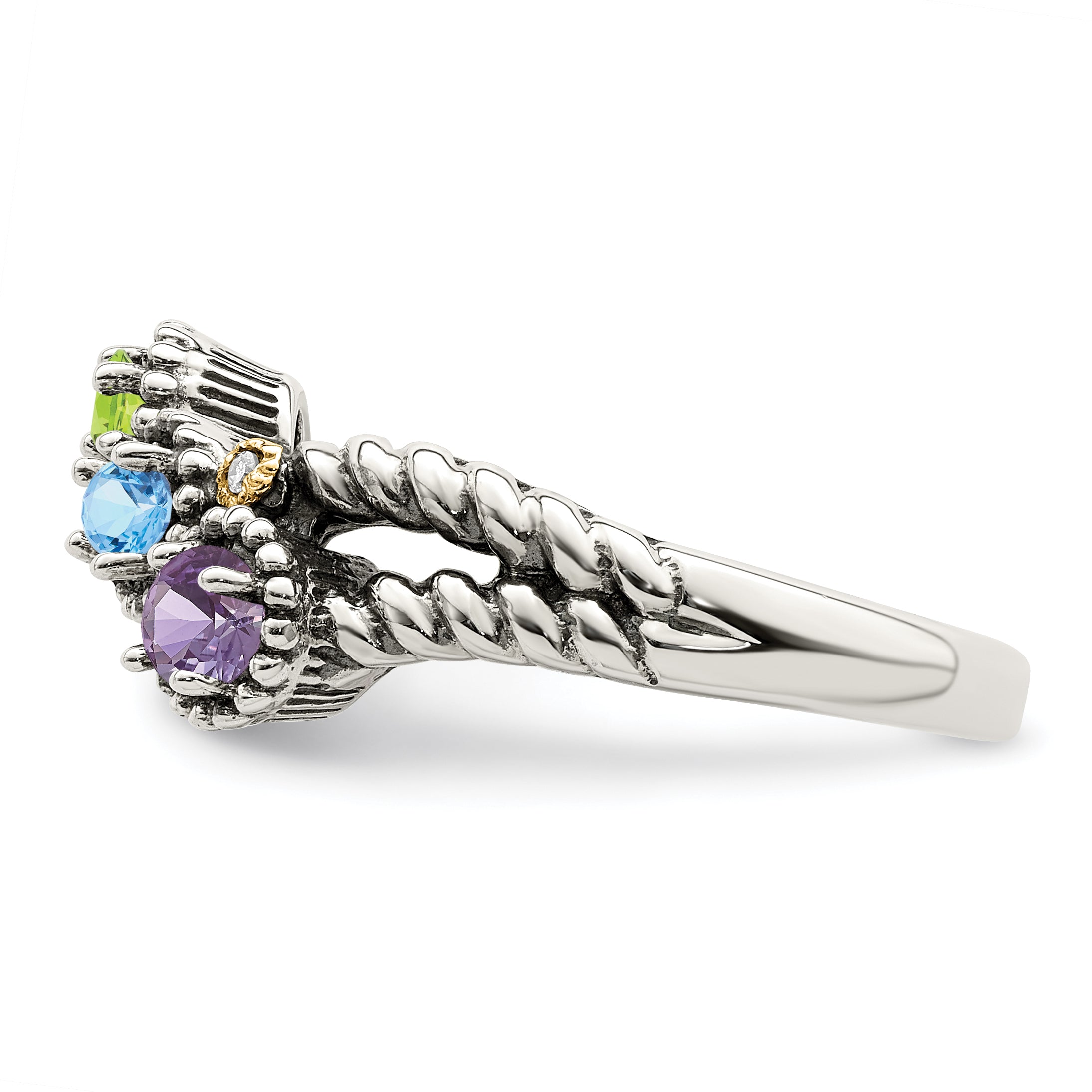 Sterling Silver Antiqued w/14k 3-stone w/Diamond Mother's Ring Semi-Mount