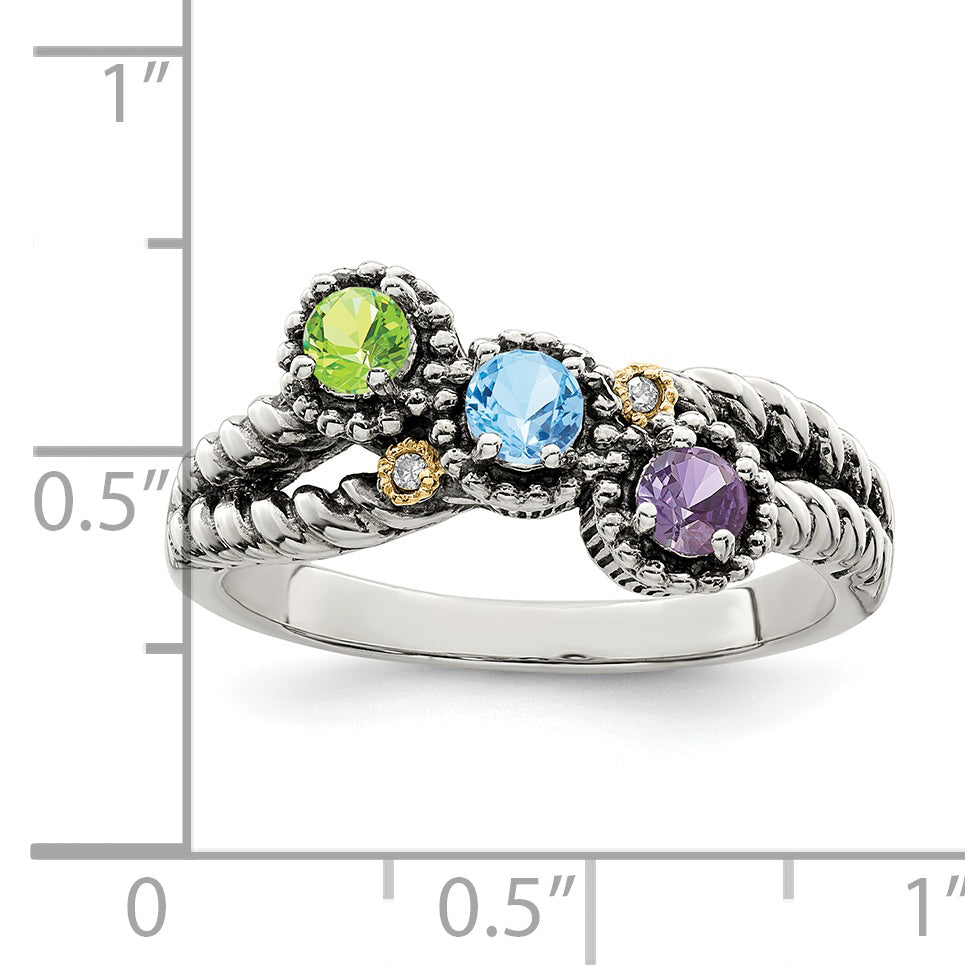 Sterling Silver Antiqued w/14k 3-stone w/Diamond Mother's Ring Semi-Mount