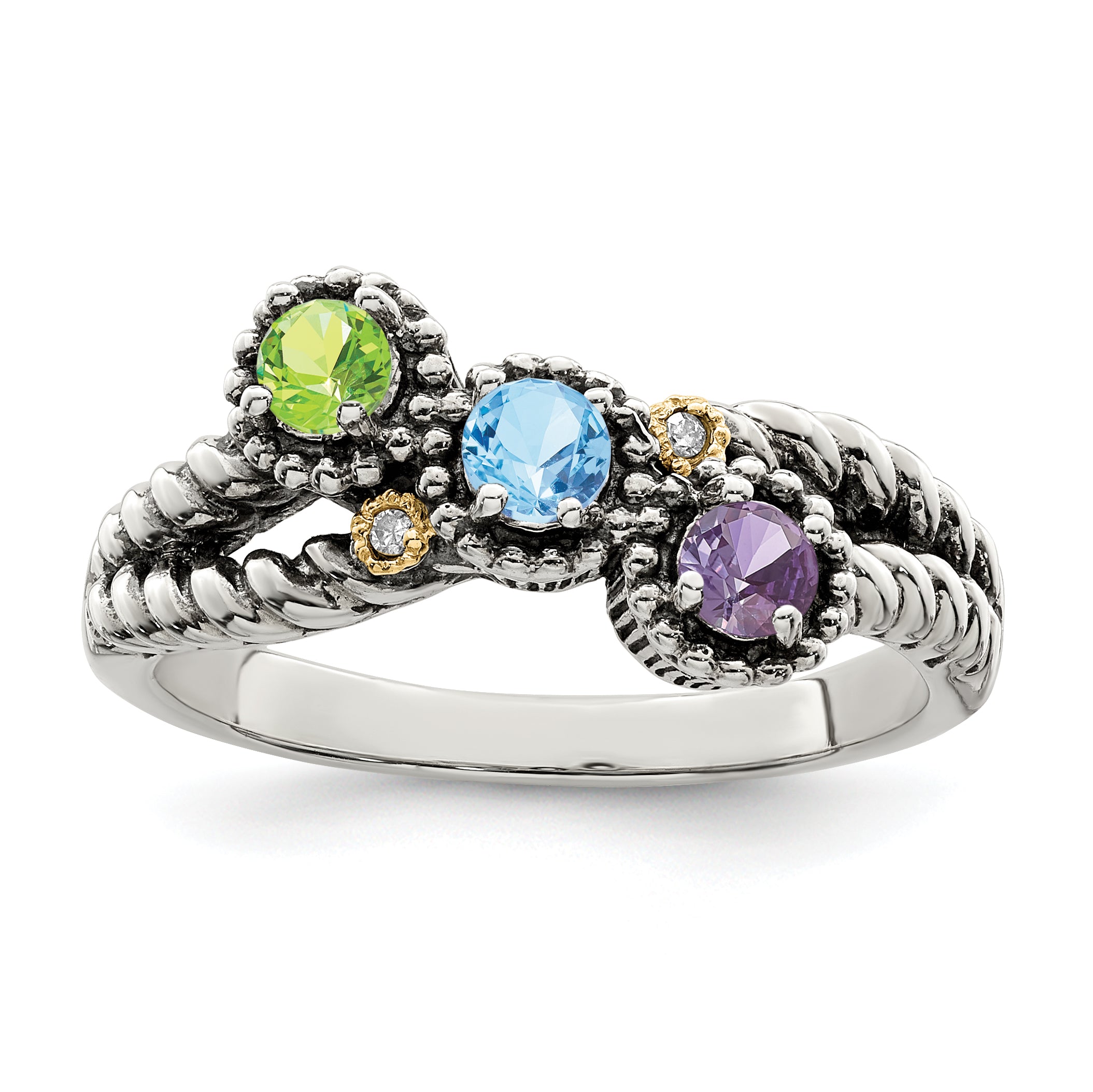 Sterling Silver Antiqued w/14k 3-stone w/Diamond Mother's Ring