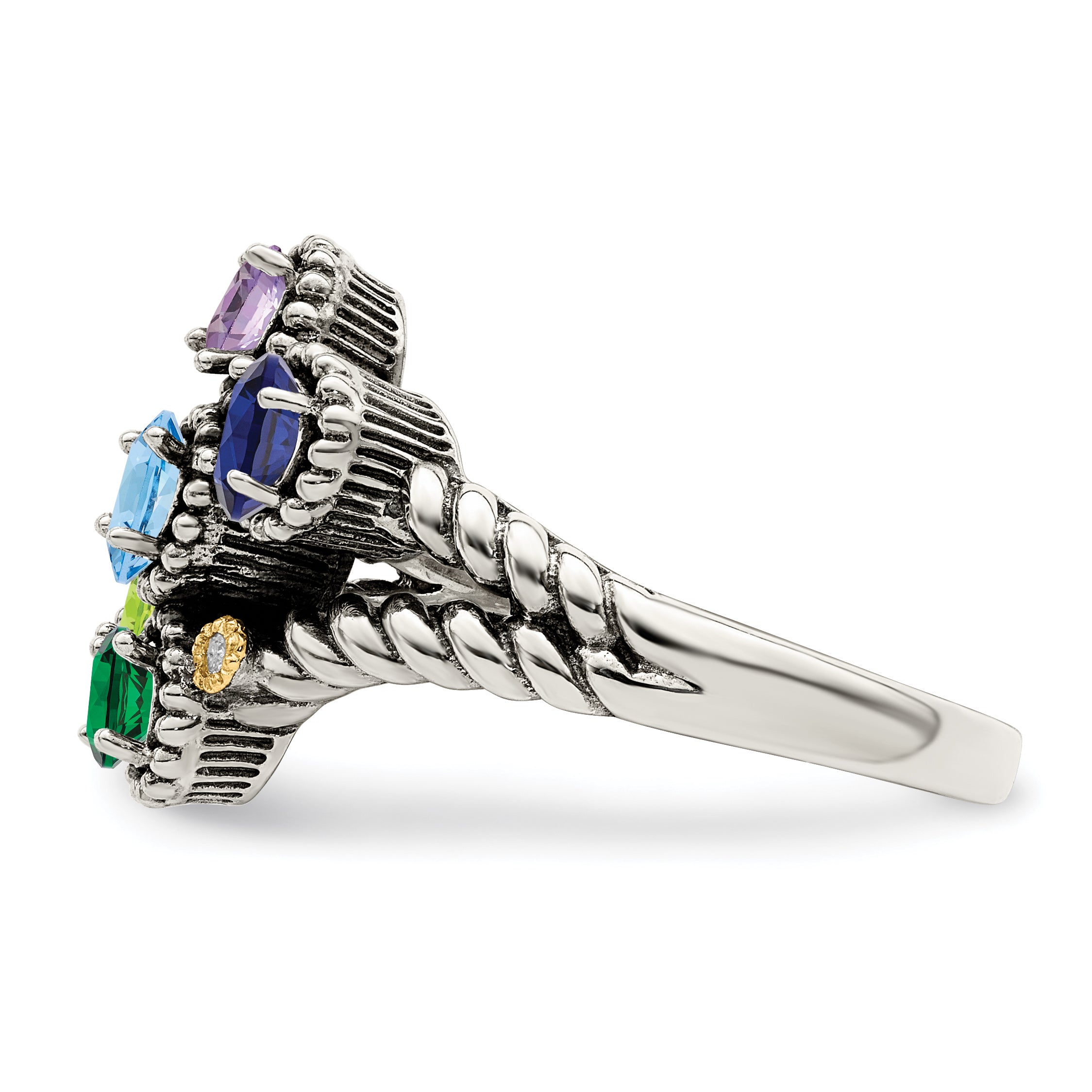 Sterling Silver Antiqued w/14k 5-stone w/Diamond Mother's Ring Semi-Mount