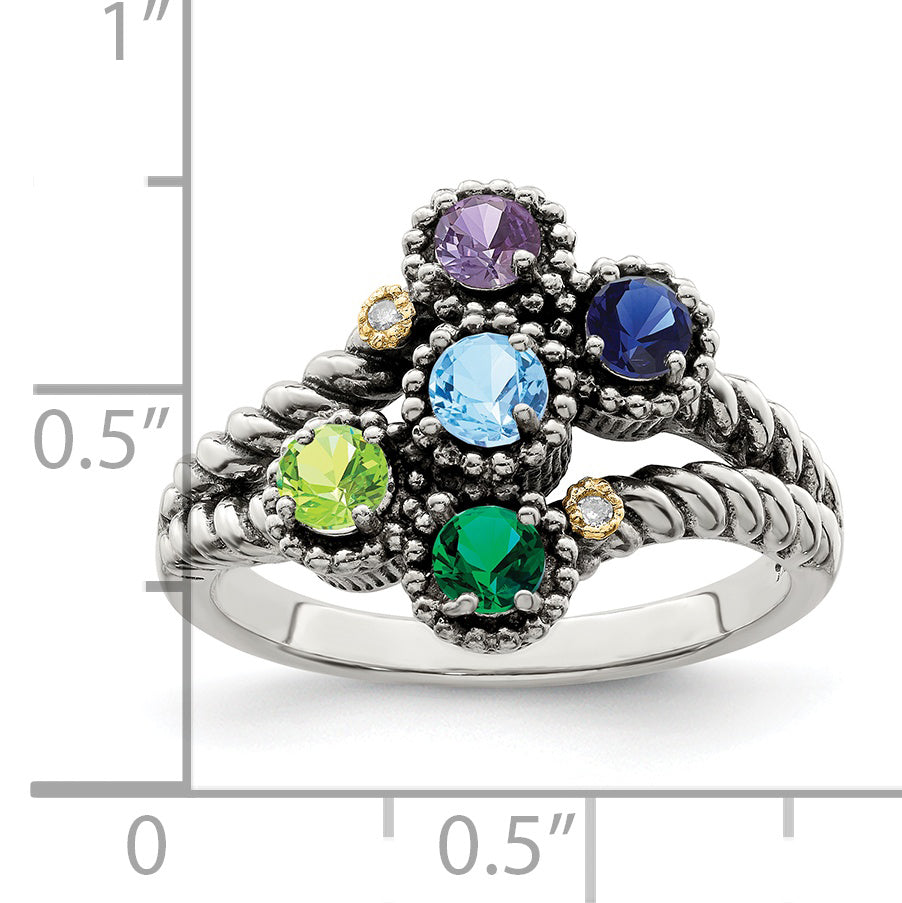 Sterling Silver Antiqued w/14k 5-stone w/Diamond Mother's Ring Semi-Mount