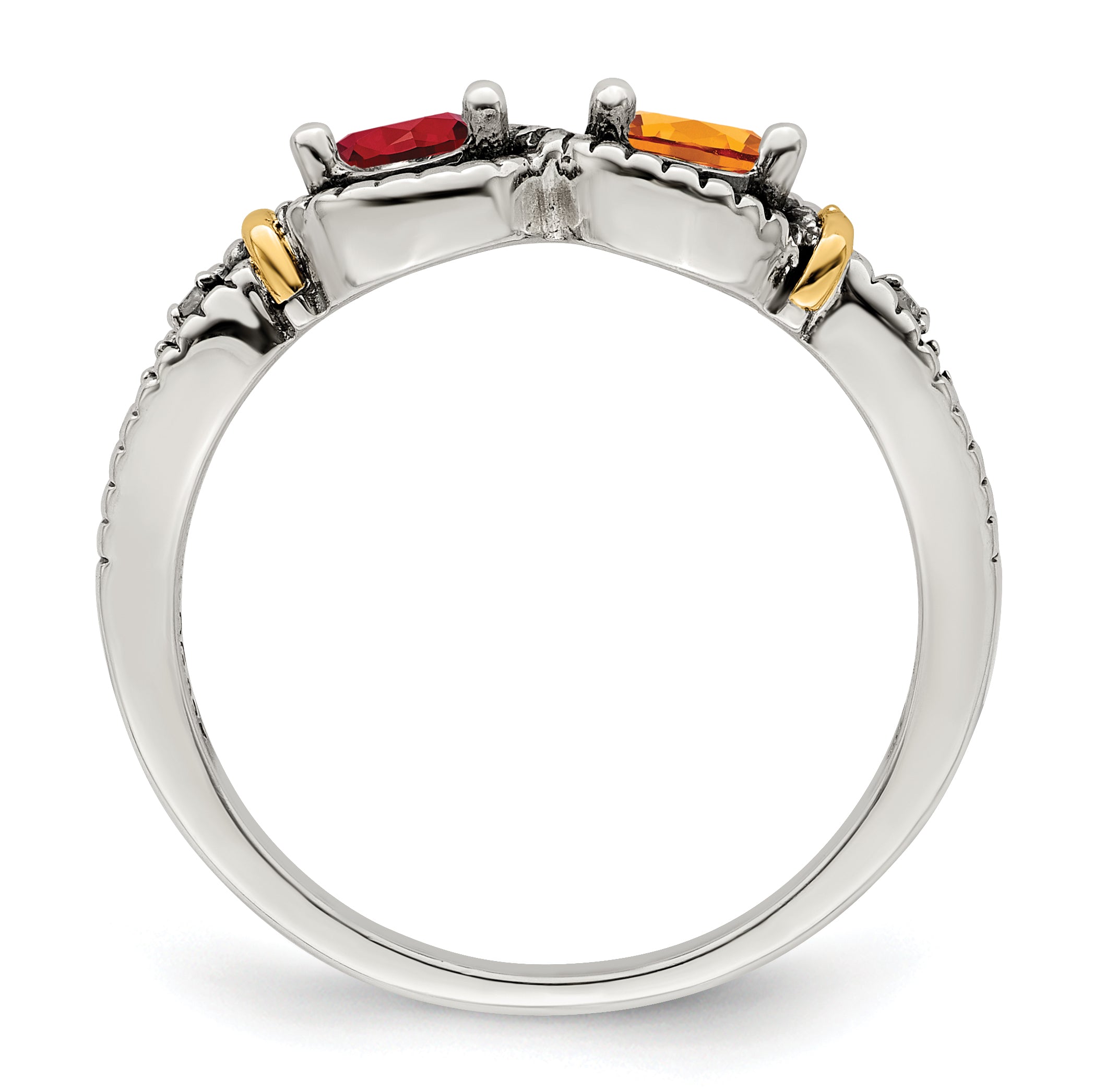 Sterling Silver Antiqued w/14k 2-stone w/Diamond Mother's Ring Semi-Mount