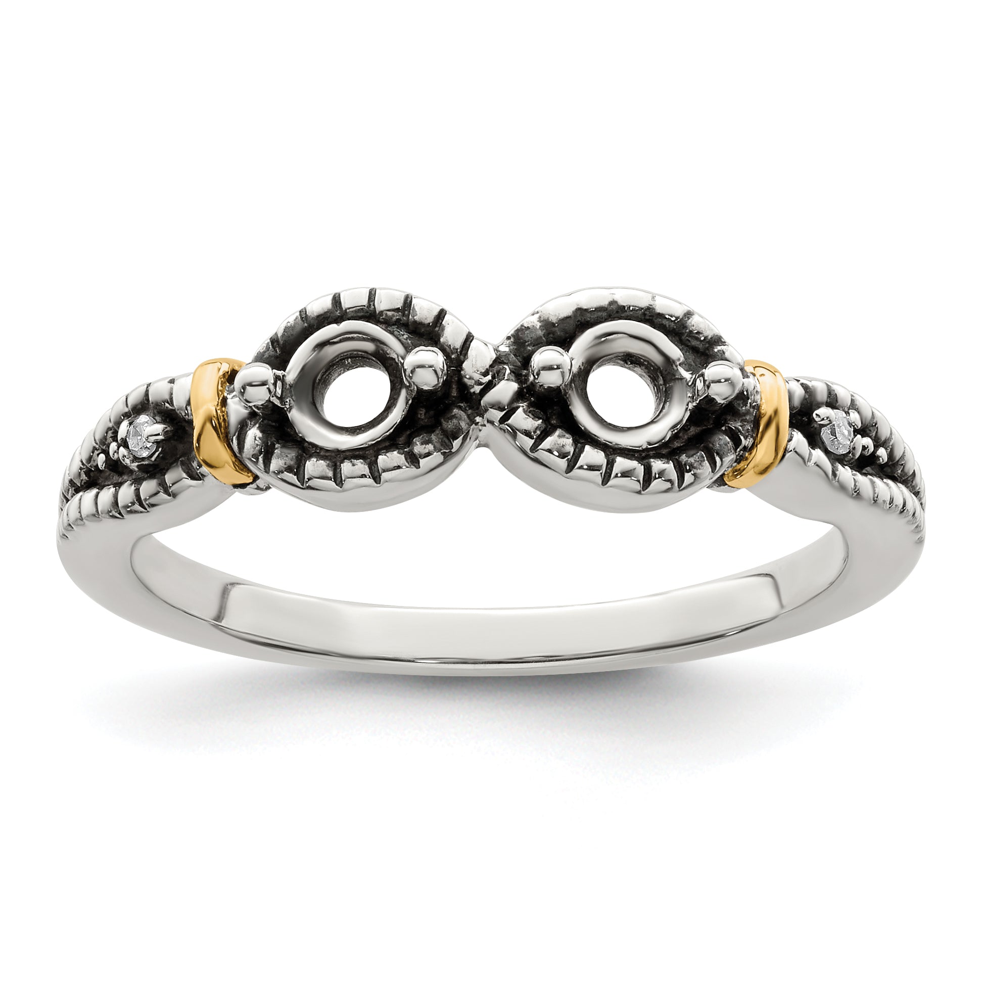 Sterling Silver Antiqued w/14k 2-stone w/Diamond Mother's Ring Semi-Mount