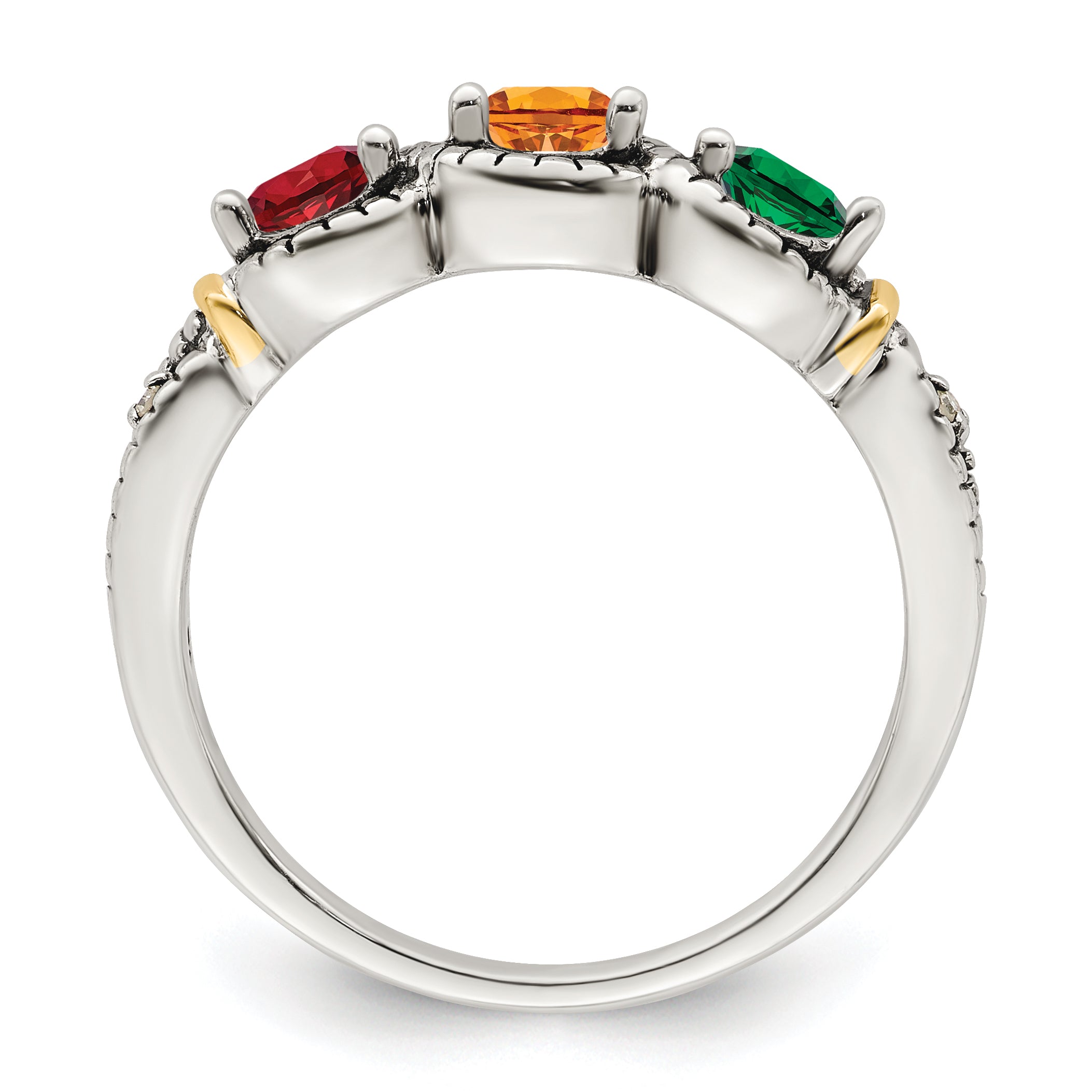 Sterling Silver Antiqued w/14k 3-stone w/Diamond Mother's Ring Semi-Mount