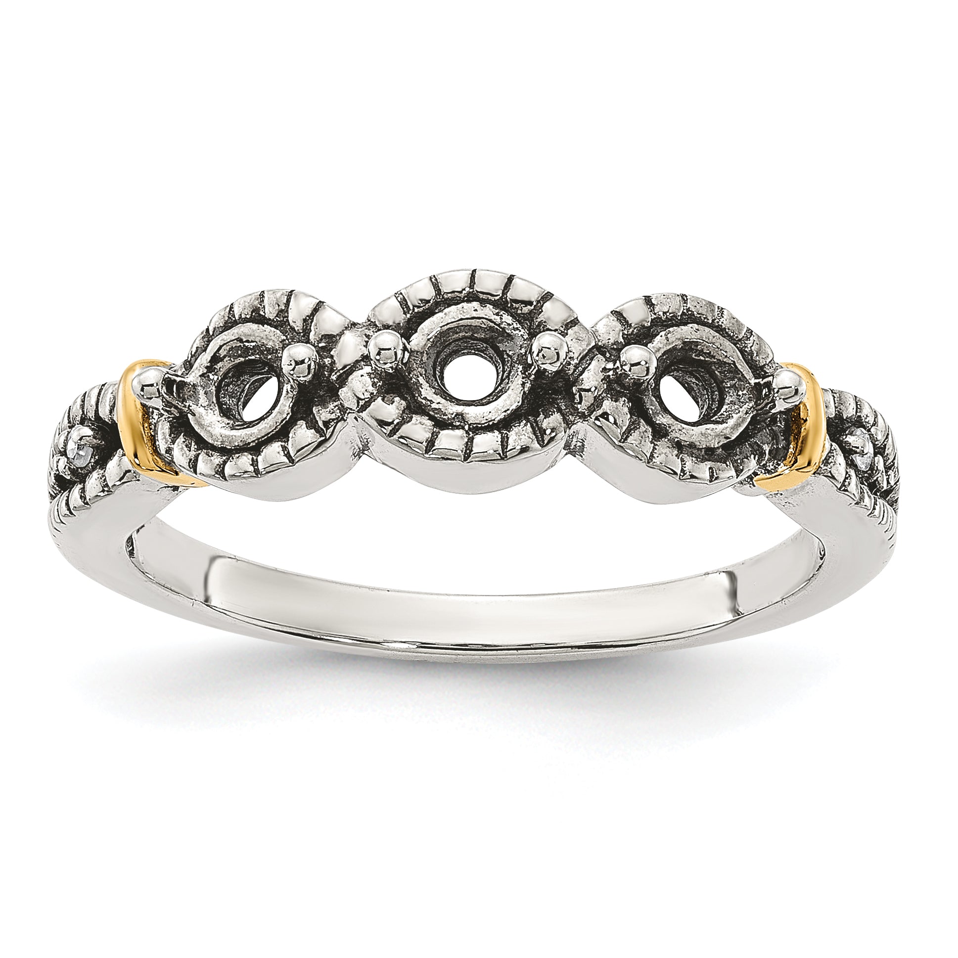 Sterling Silver Antiqued w/14k 3-stone w/Diamond Mother's Ring Semi-Mount