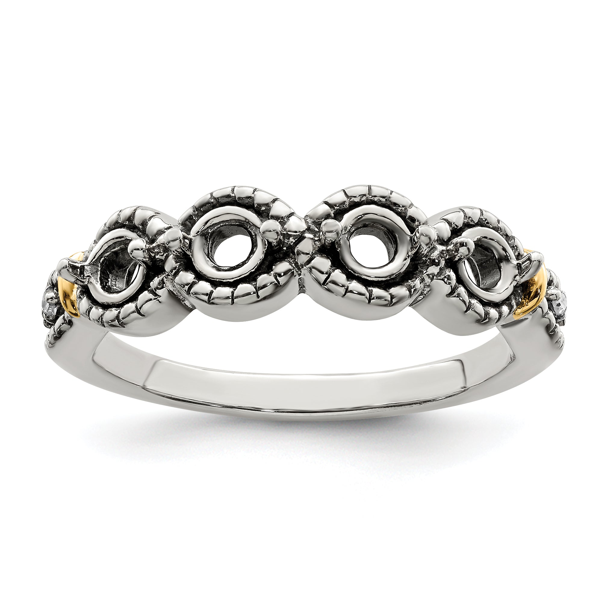 Sterling Silver Antiqued w/14k 4-stone w/Diamond Mother's Ring