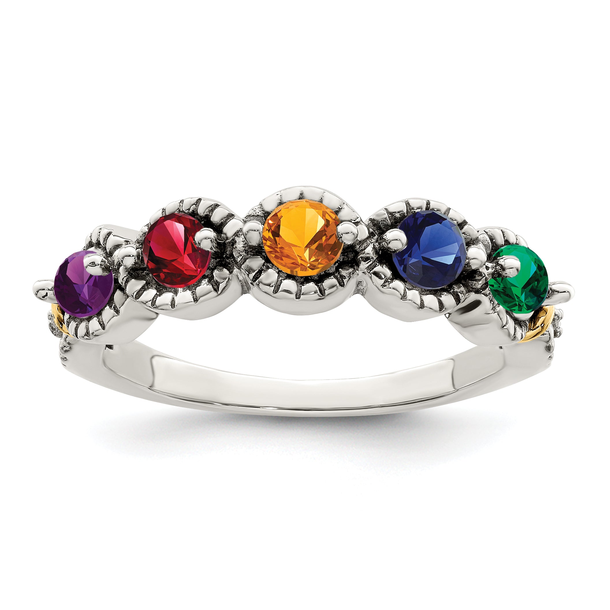 Sterling Silver Antiqued w/14k 5-stone w/Diamond Mother's Ring