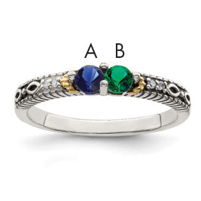 Sterling Silver Antiqued w/14k 2-stone w/Diamond Mother's Ring Semi-Mount