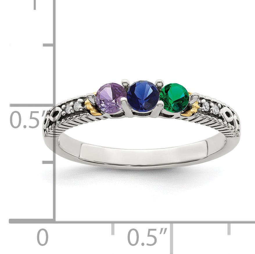 Sterling Silver Antiqued w/14k 3-stone w/Diamond Mother's Ring Semi-Mount