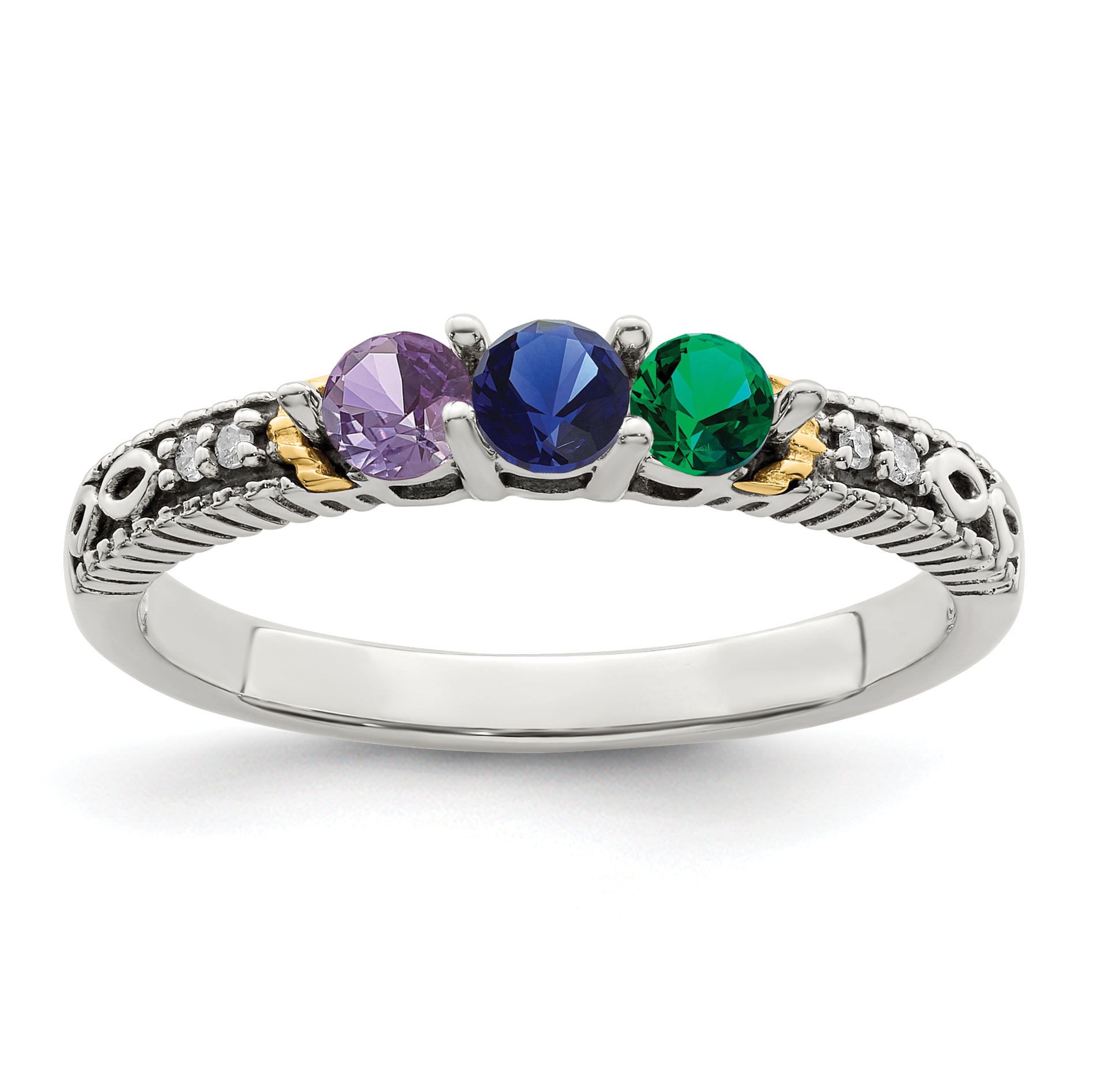 Sterling Silver Antiqued w/14k 3-stone w/Diamond Mother's Ring Semi-Mount