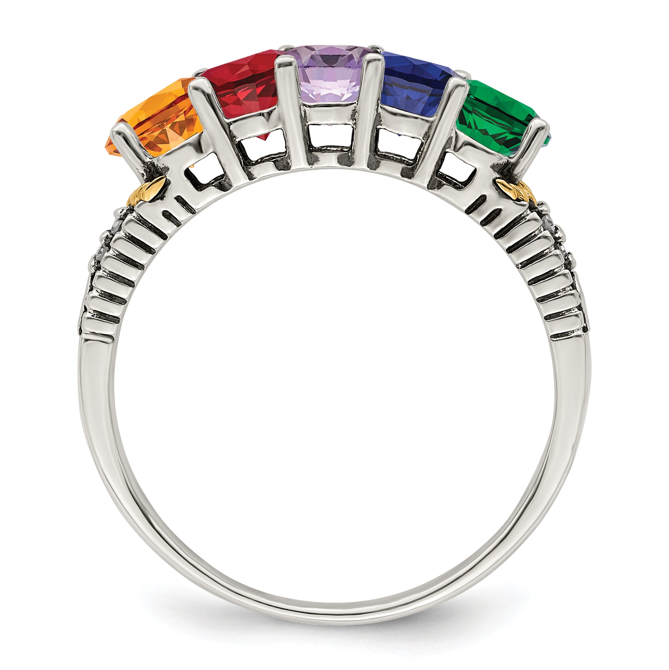 Sterling Silver Antiqued w/14k 5-stone w/Diamond Mother's Ring