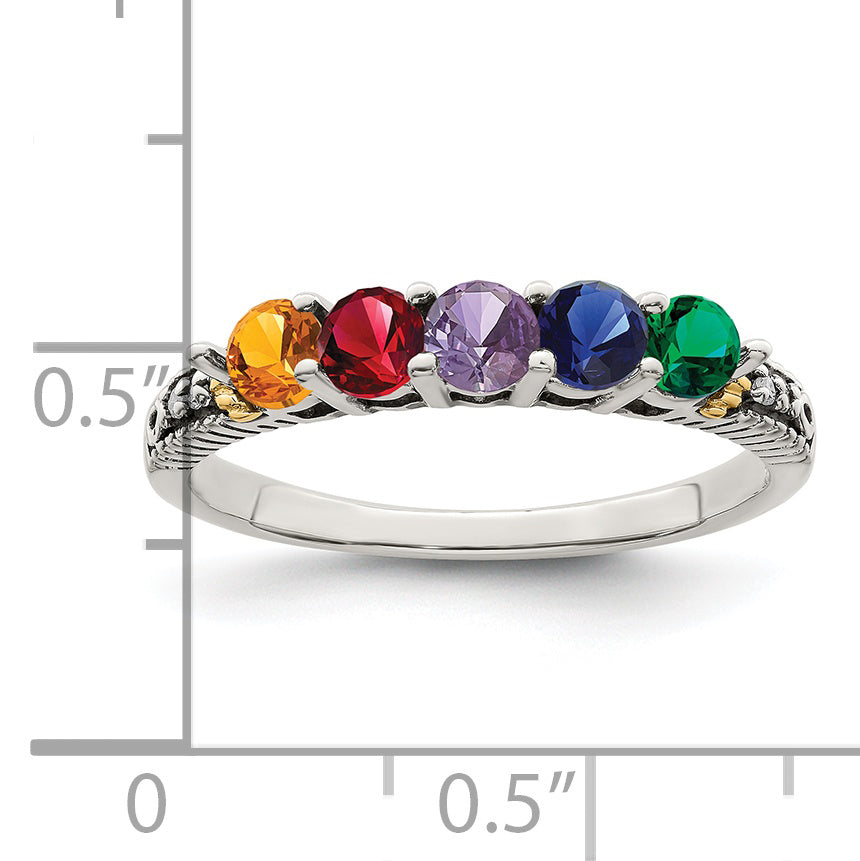 Sterling Silver Antiqued w/14k 5-stone w/Diamond Mother's Ring Semi-Mount