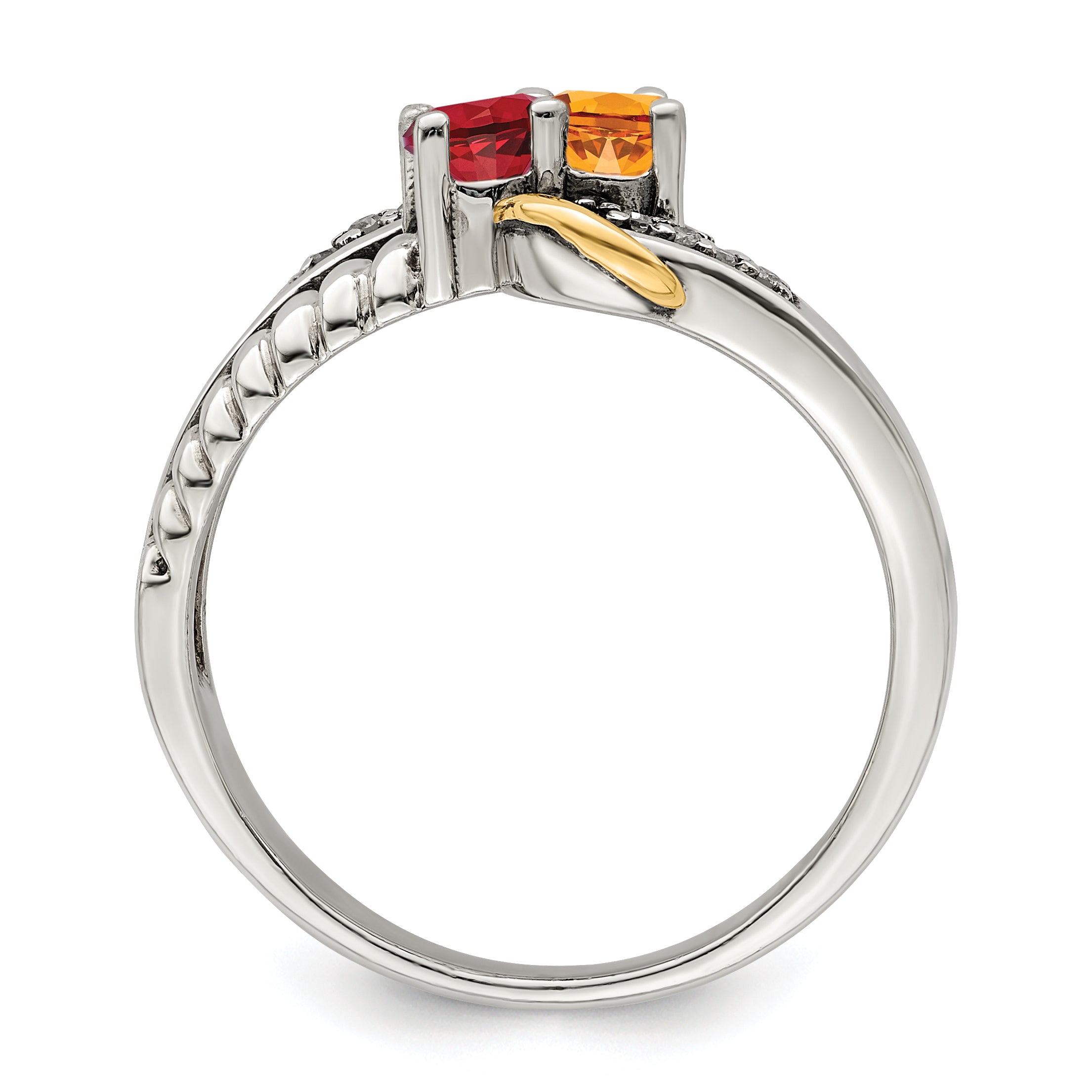 Sterling Silver Antiqued w/14k 2-stone w/Diamond Mother's Ring Semi-Mount