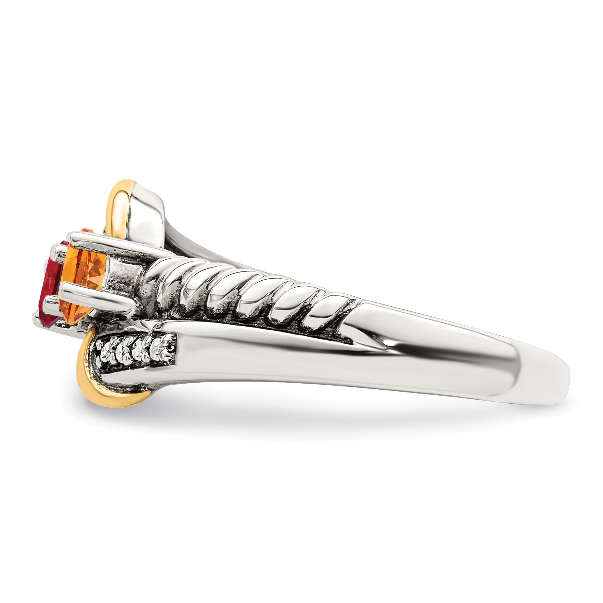 Sterling Silver Antiqued w/14k 2-stone w/Diamond Mother's Ring Semi-Mount