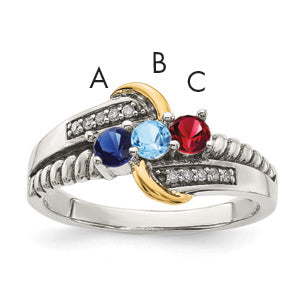 Sterling Silver Antiqued w/14k 3-stone w/Diamond Mother's Ring Semi-Mount