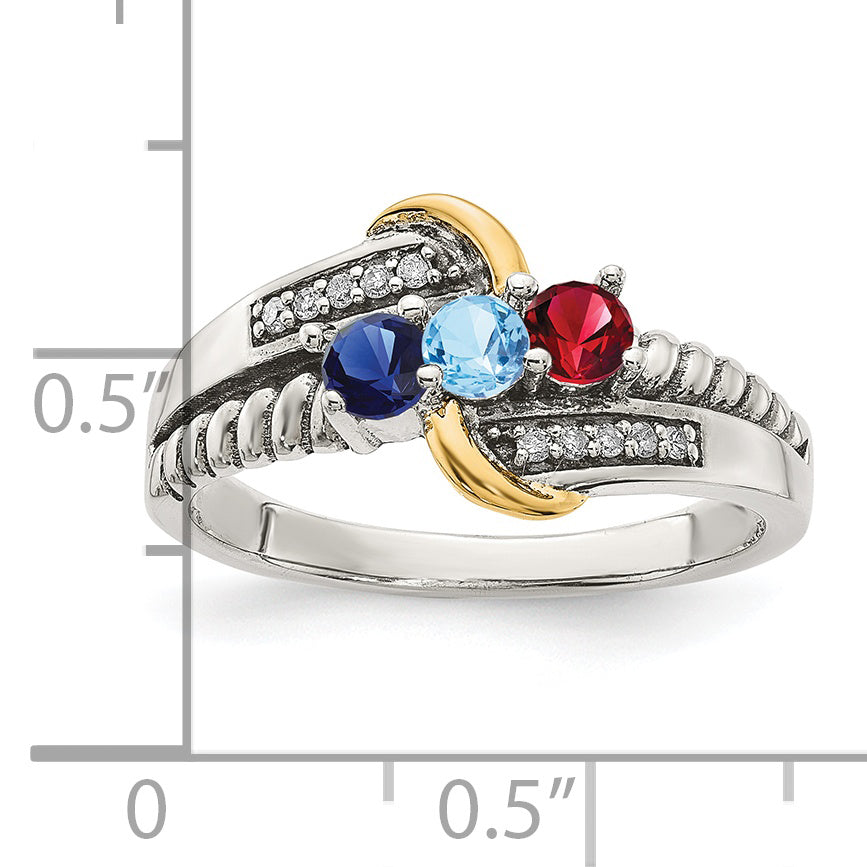 Sterling Silver Antiqued w/14k 3-stone w/Diamond Mother's Ring Semi-Mount