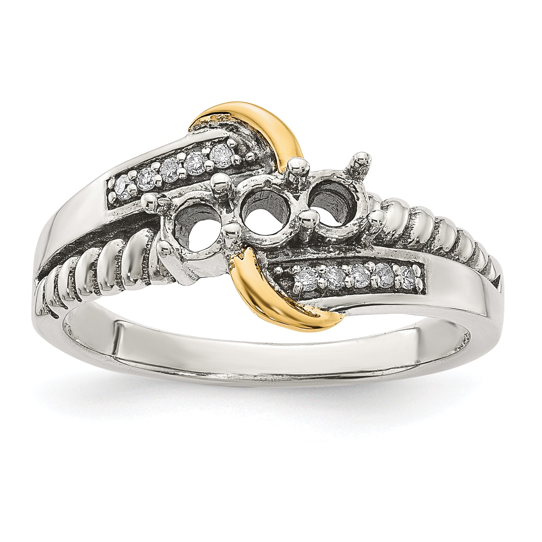 Sterling Silver Antiqued w/14k 3-stone w/Diamond Mother's Ring Semi-Mount