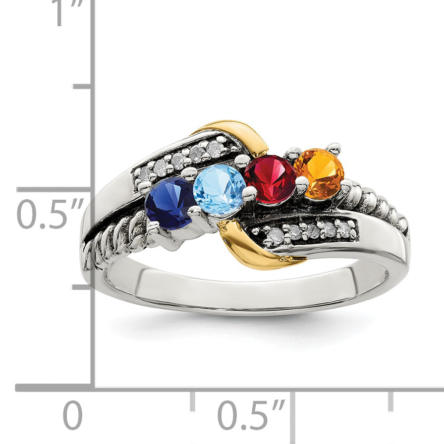 Sterling Silver Antiqued w/14k 4-stone w/Diamond Mother's Ring Semi-Mount