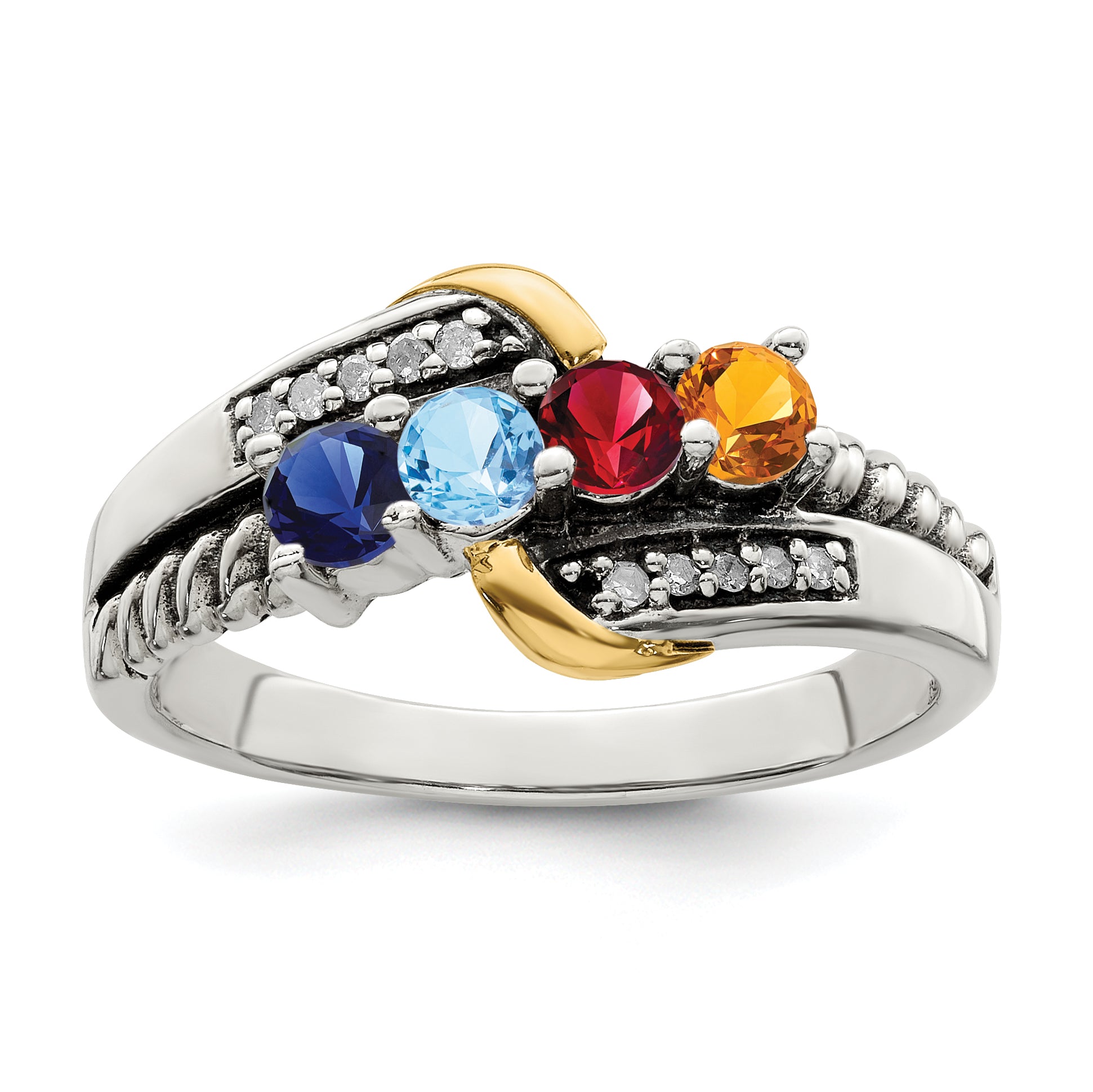 Sterling Silver Antiqued w/14k 4-stone w/Diamond Mother's Ring Semi-Mount