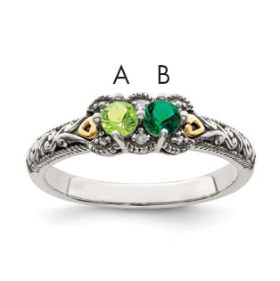 Sterling Silver Antiqued w/14k 2-stone w/Diamond Mother's Ring