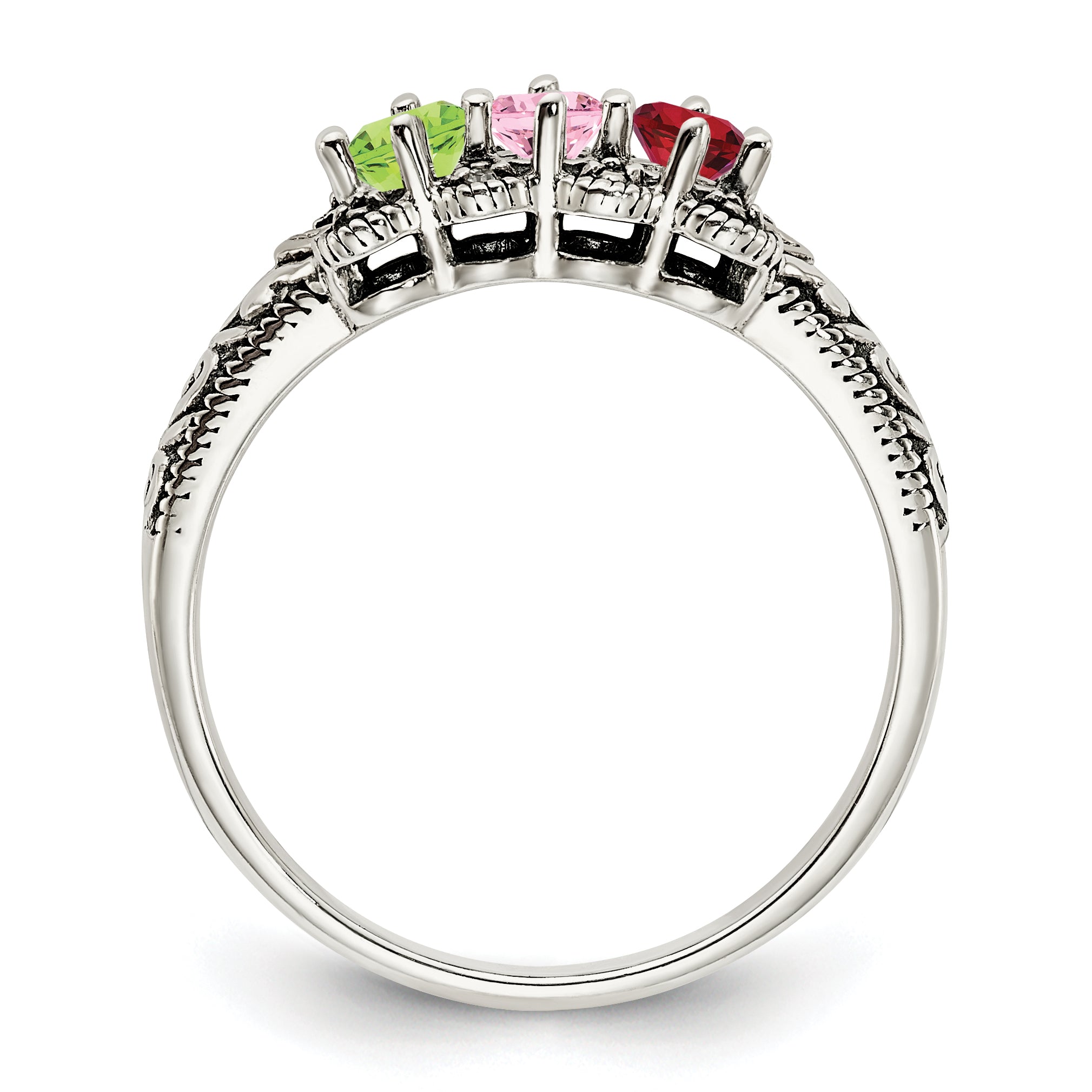 Sterling Silver Antiqued w/14k 3-stone w/Diamond Mother's Ring